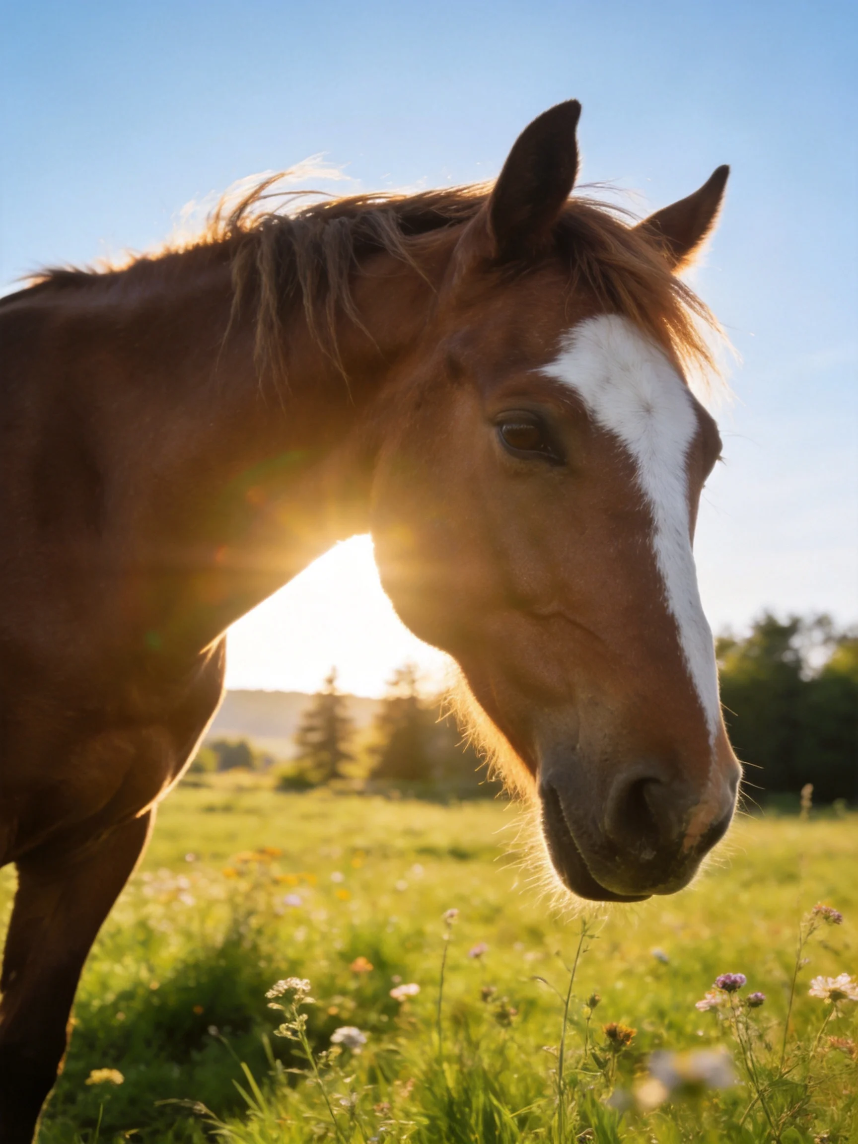 A brown horse with a white blaze in a sunlit meadow