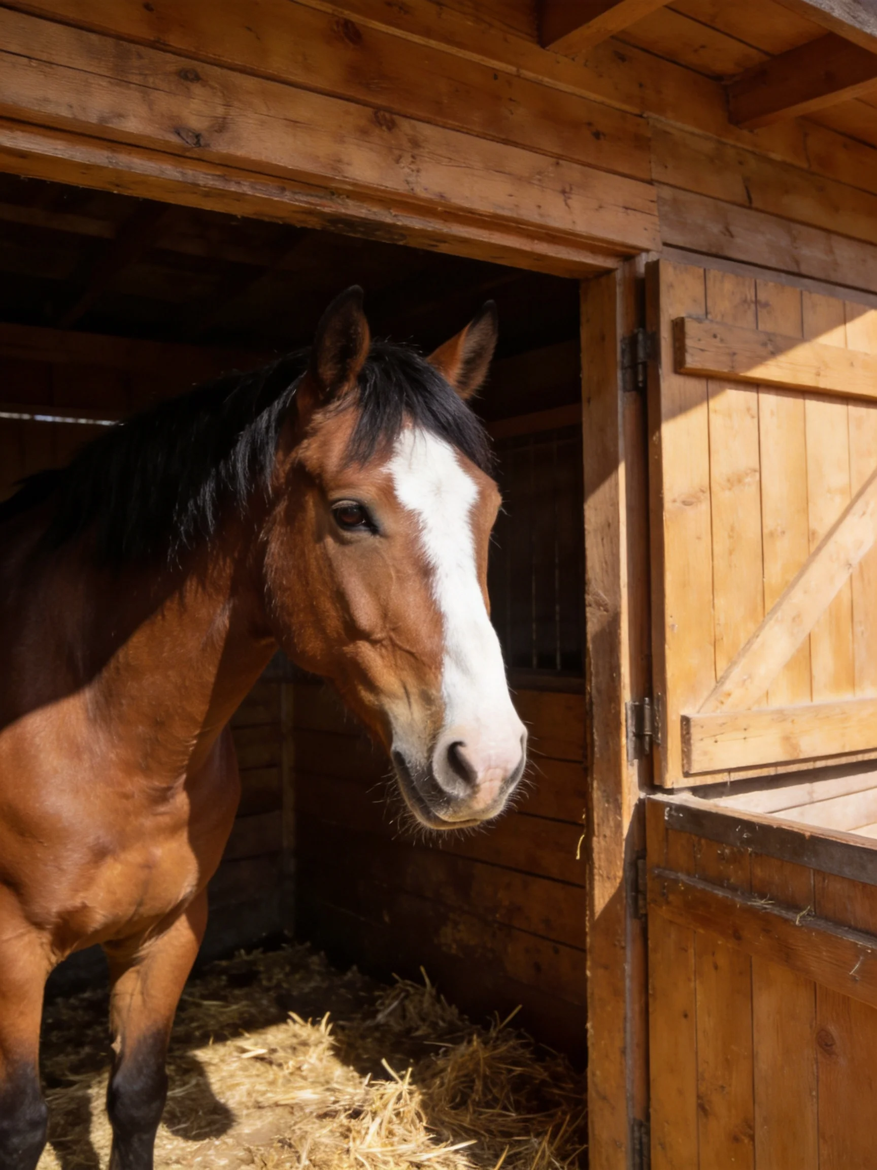 A brown horse with a white blaze in a wooden stable filled with hay