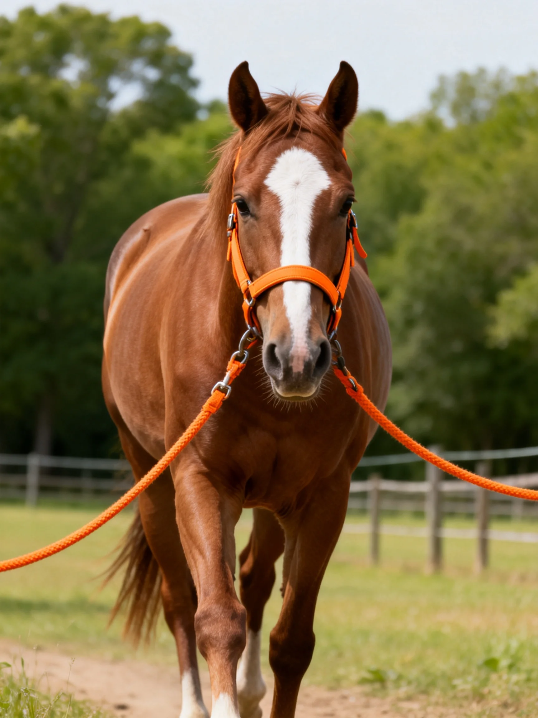 A brown horse with a white blaze in an orange halter