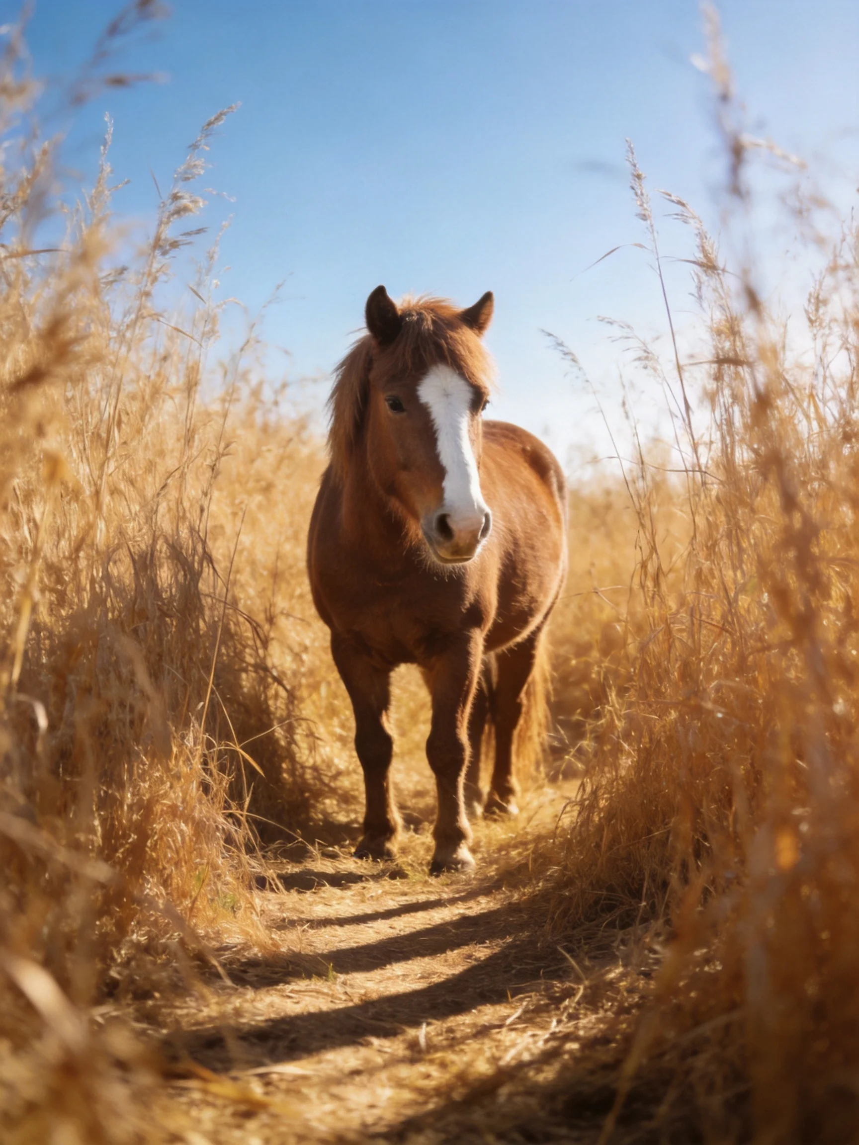 A brown horse with a white blaze in tall golden grass under clear blue sky