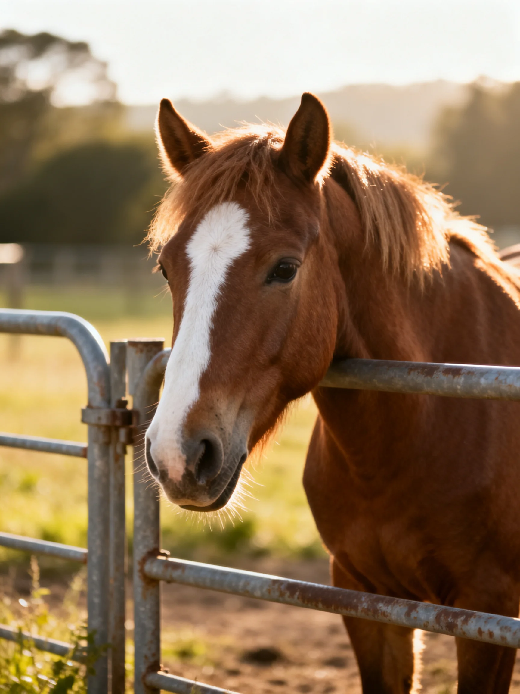 A brown horse with a white blaze near a metal fence