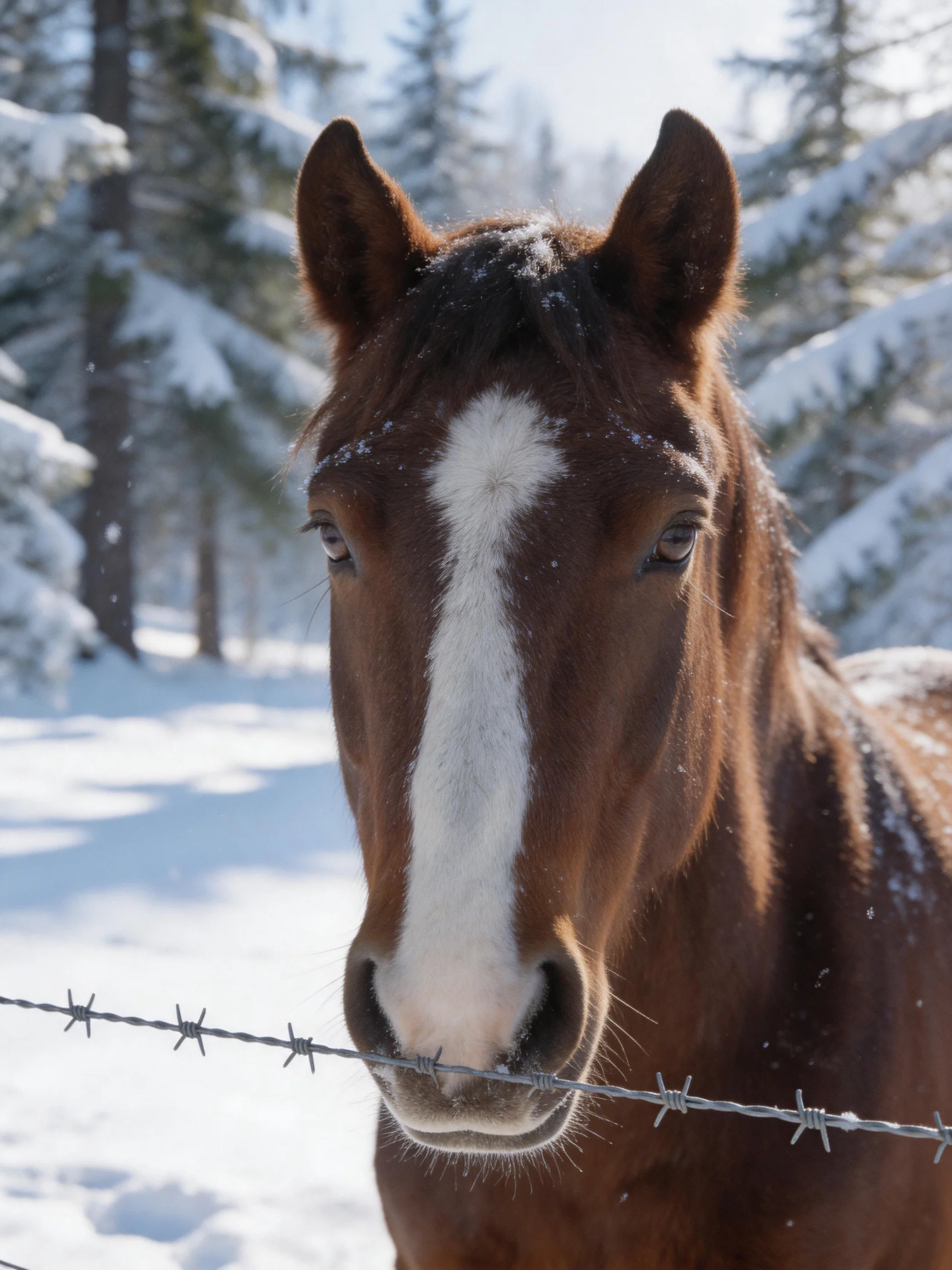A brown horse with a white blaze near barbed wire in a snowy forest