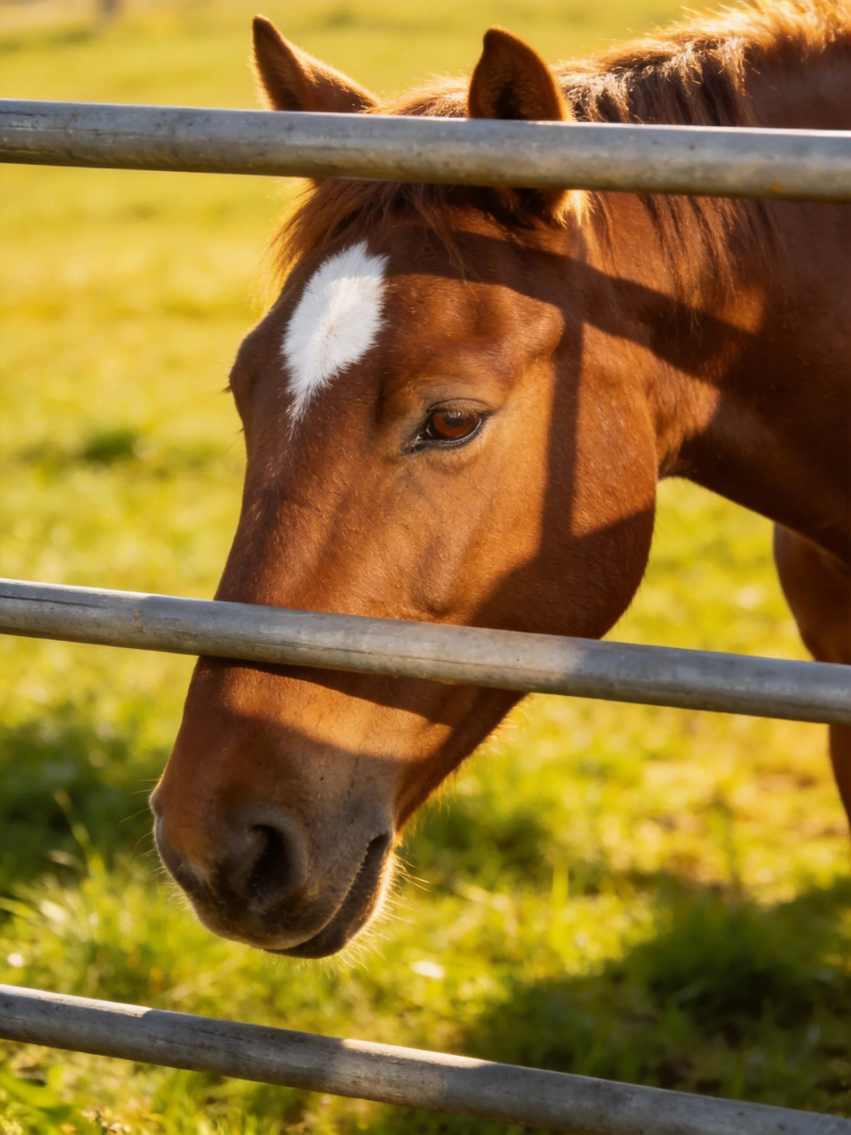 A brown horse with a white blaze near metal fence bars in a green pasture