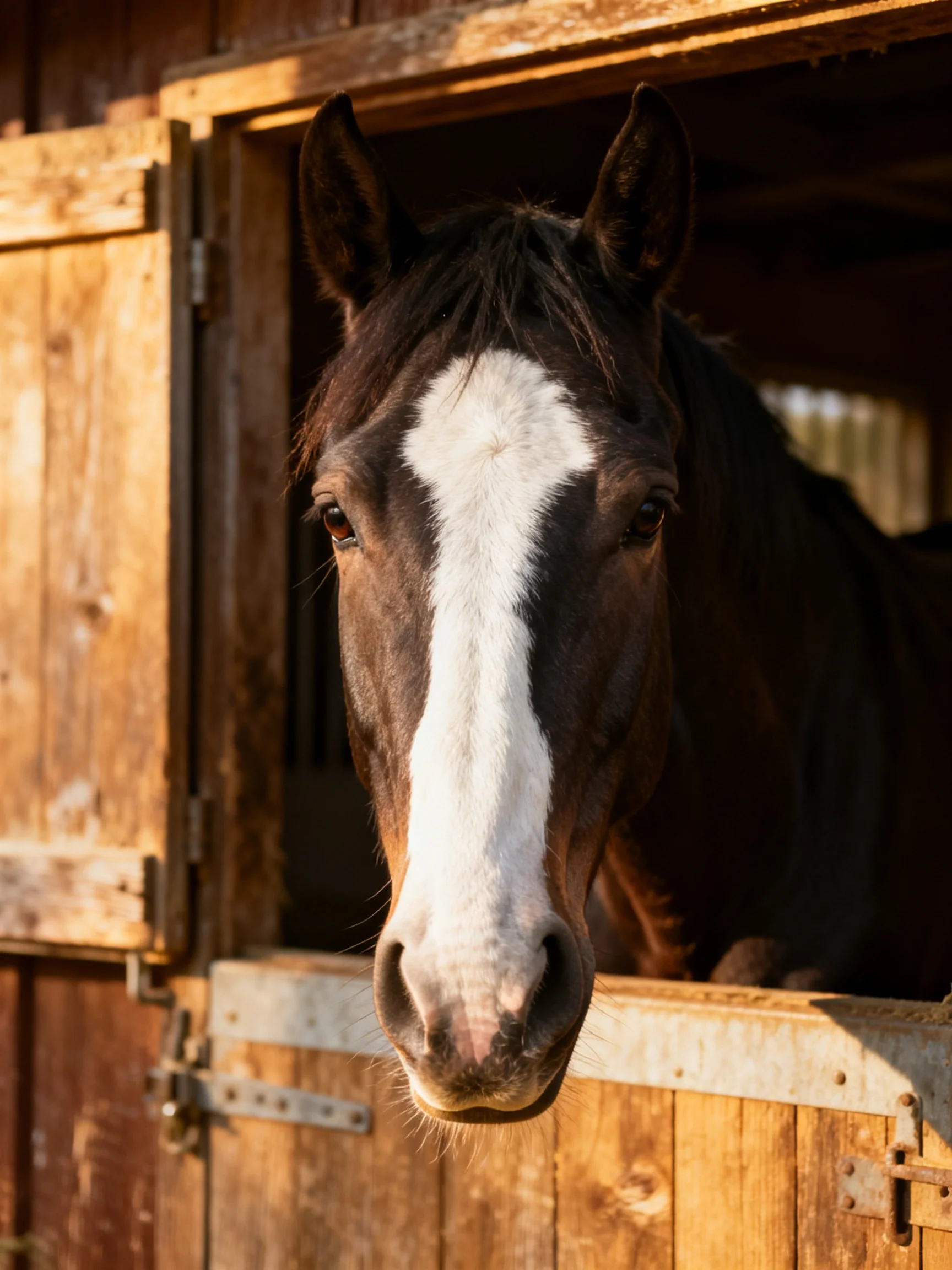 A brown horse with a white blaze peers from an aged wooden stable