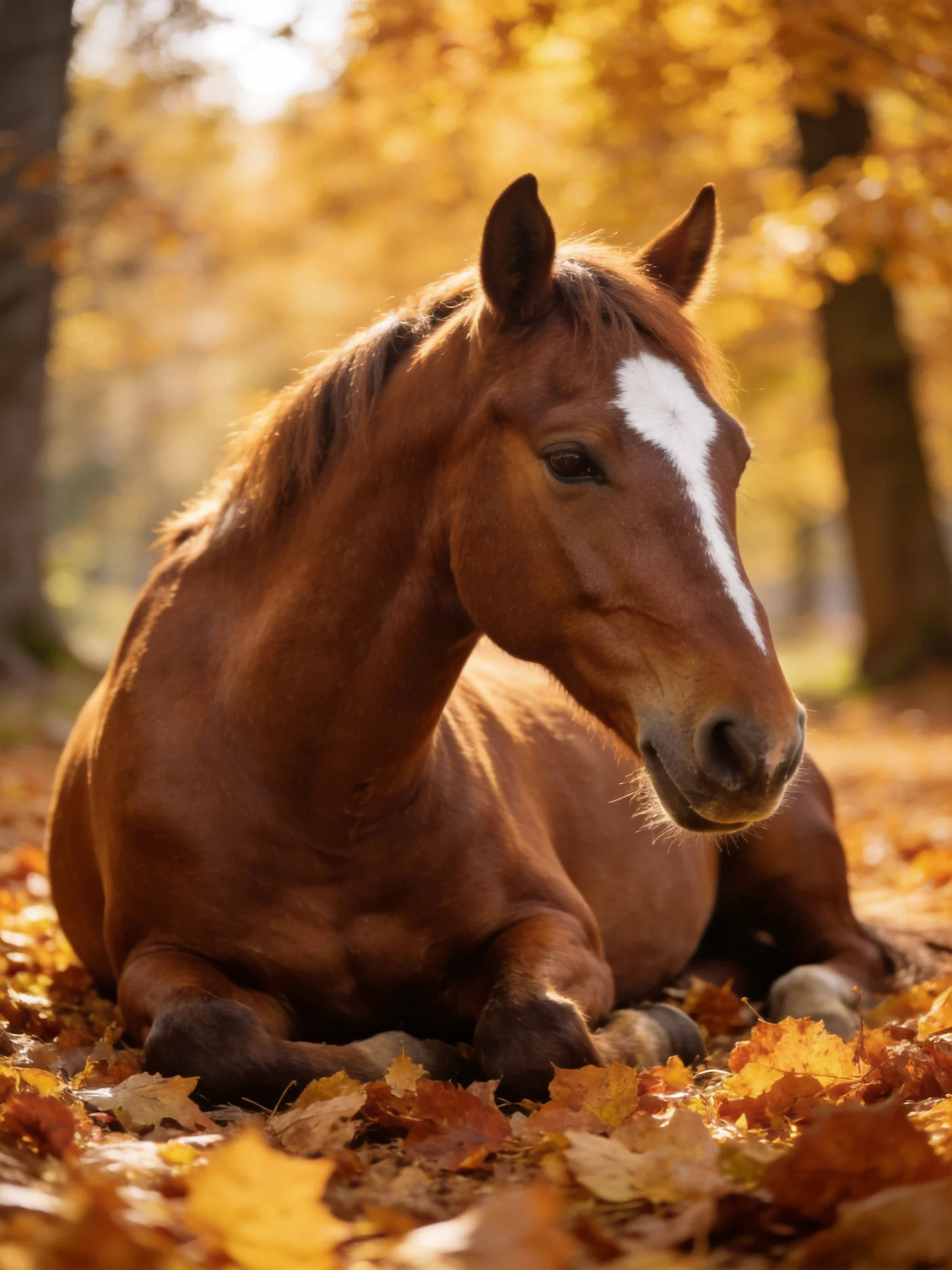 A brown horse with a white blaze rests amid golden autumn leaves