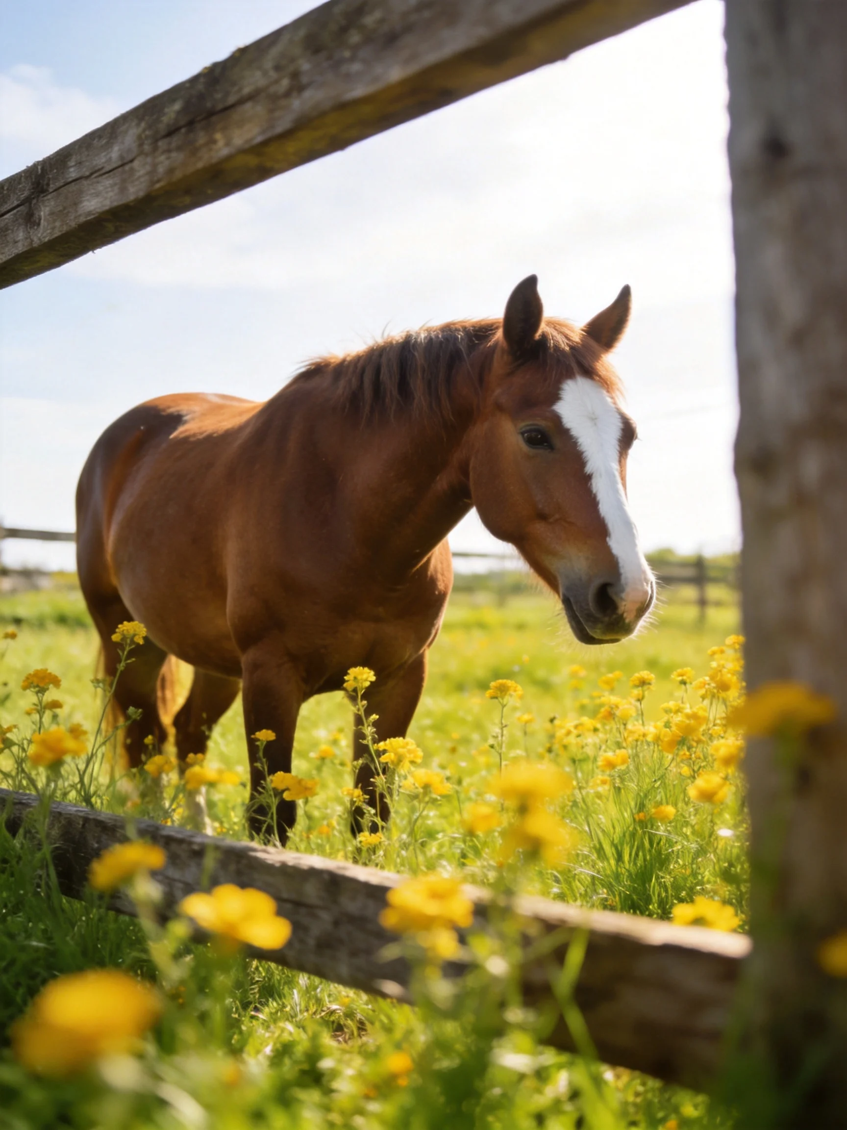 A brown horse with a white blaze stands among yellow wildflowers near a weathered wooden fence.