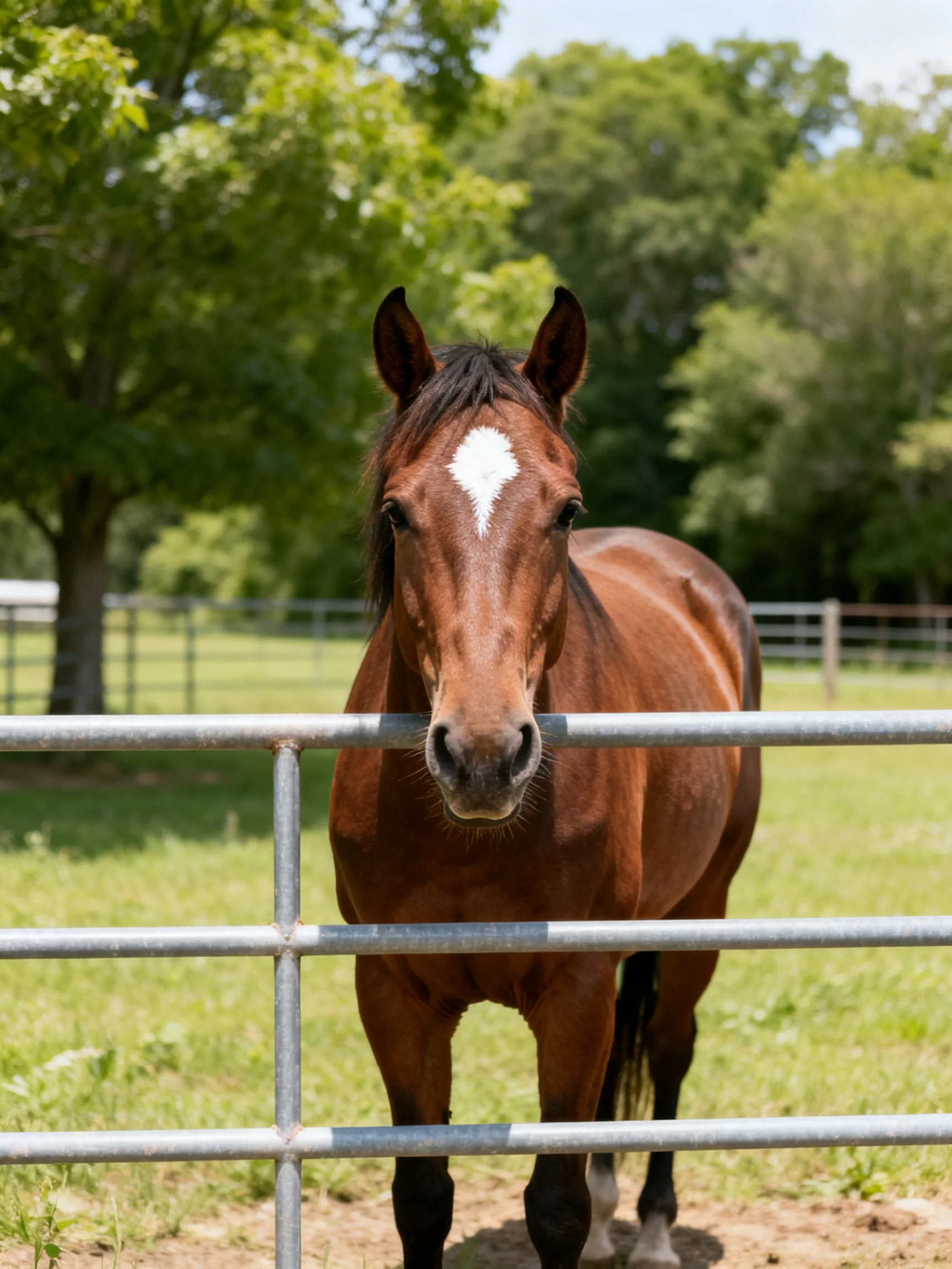 A brown horse with a white blaze stands behind a metal fence in a green pasture