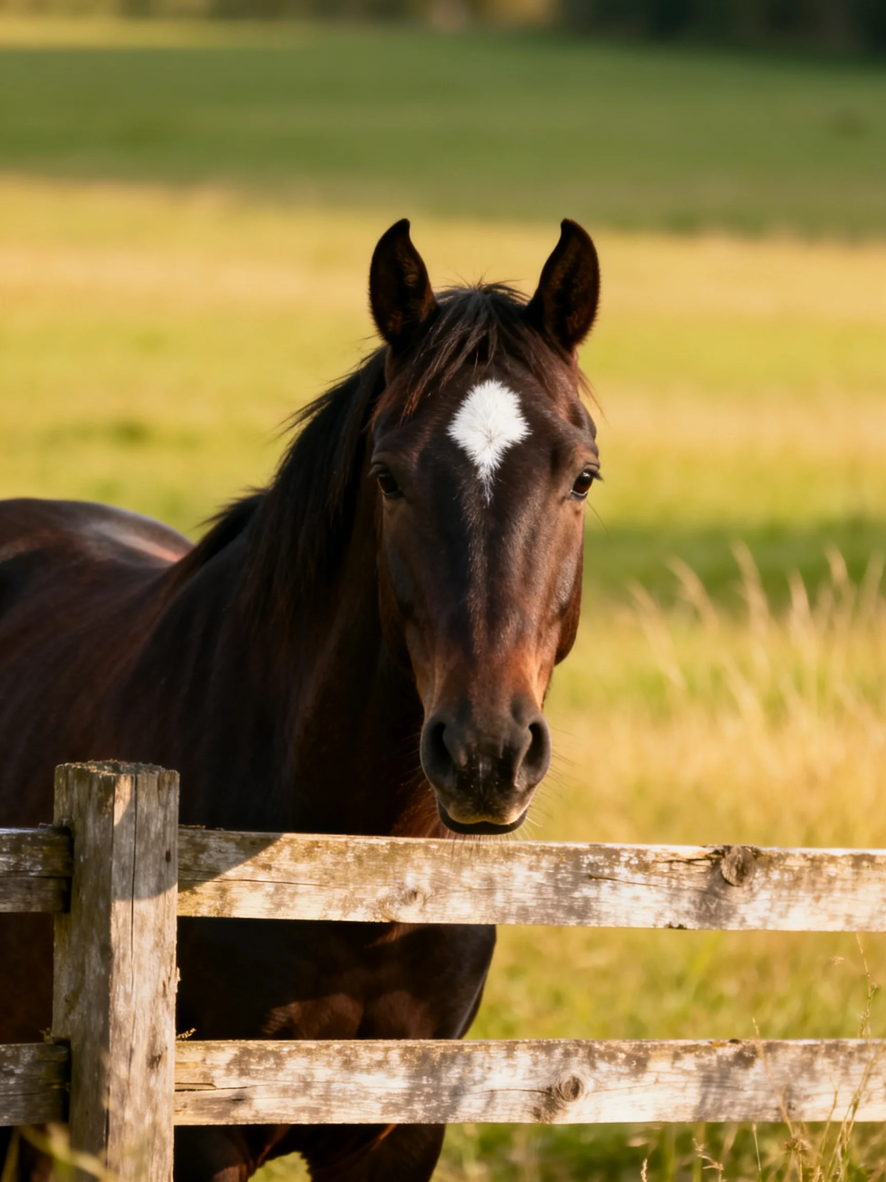 A brown horse with a white blaze stands by an aged wooden fence