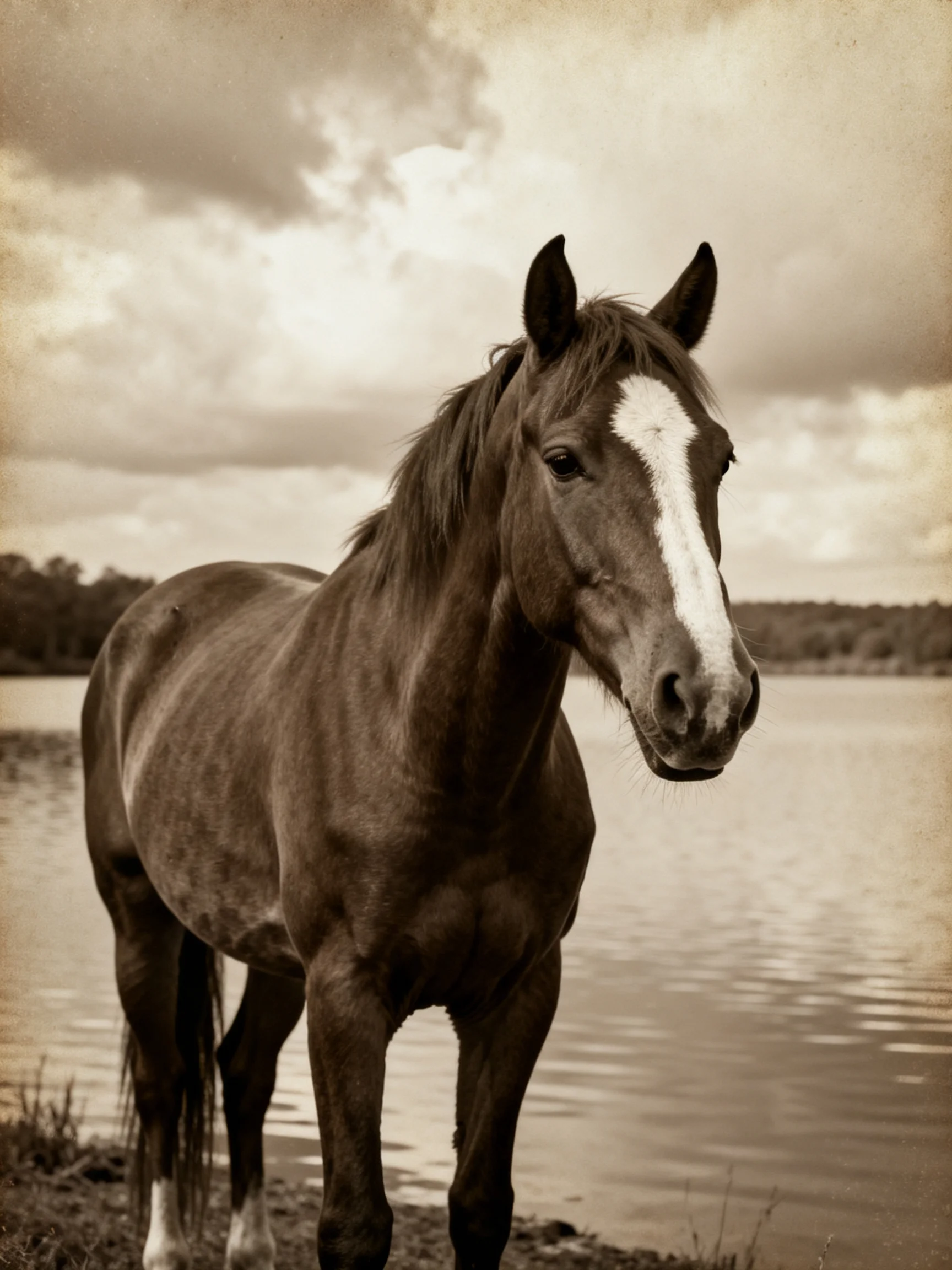 A brown horse with a white blaze stands by calm waters under a cloudy sky