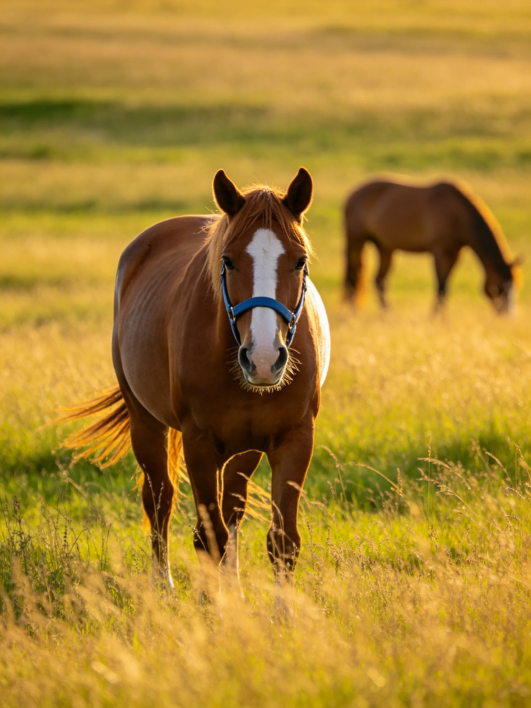 A brown horse with a white blaze stands in a golden meadow, another horse grazes behind