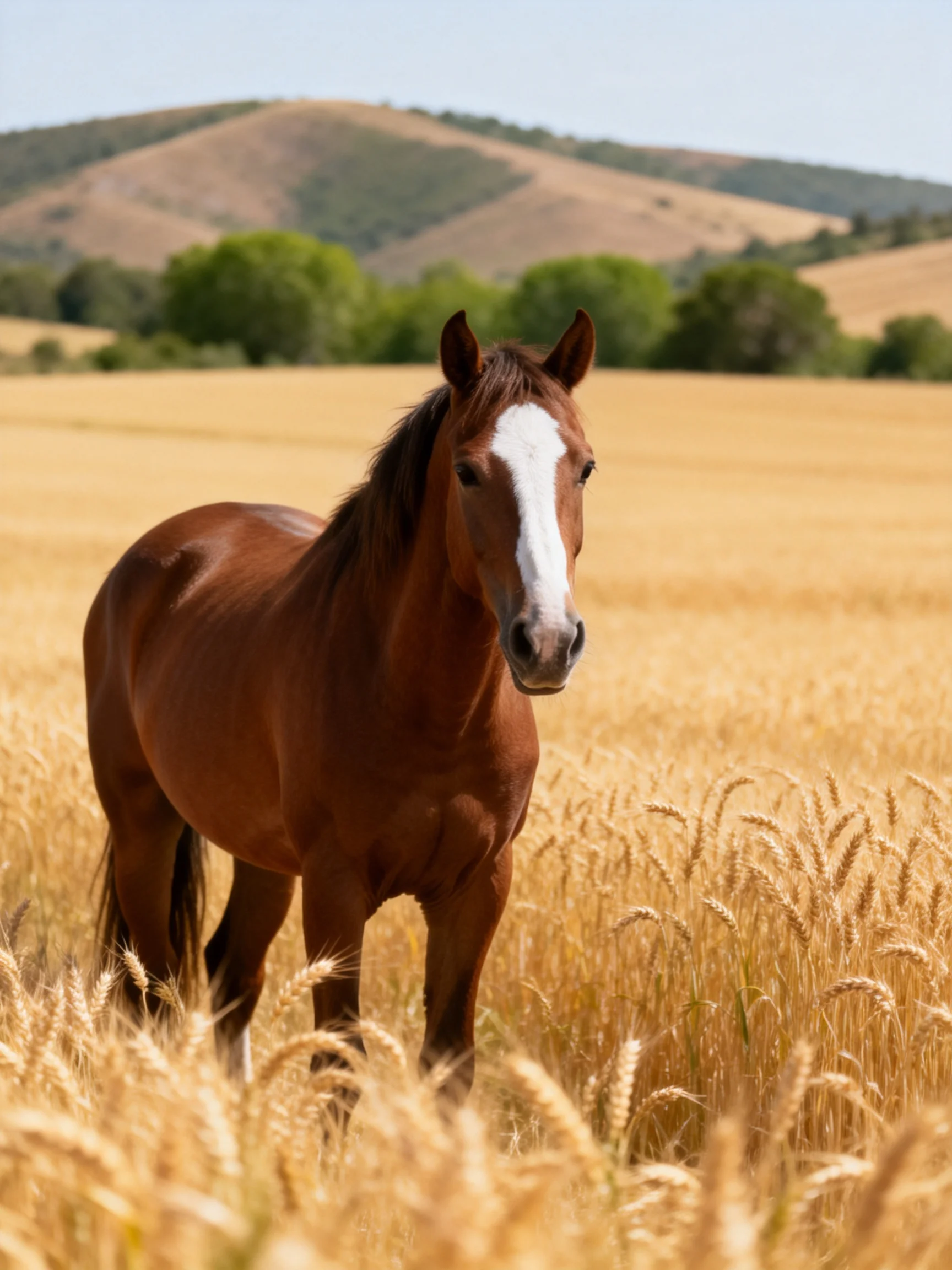 A brown horse with a white blaze stands in a golden wheat field near rolling hills