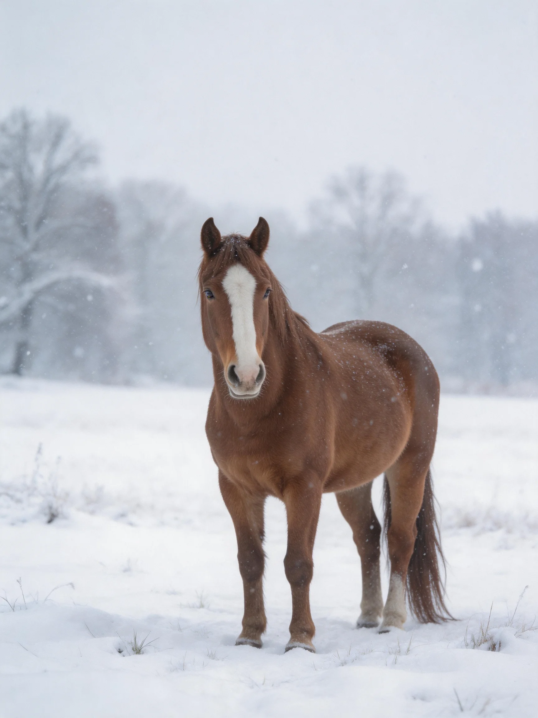A brown horse with a white blaze stands in a snow - covered field with distant trees