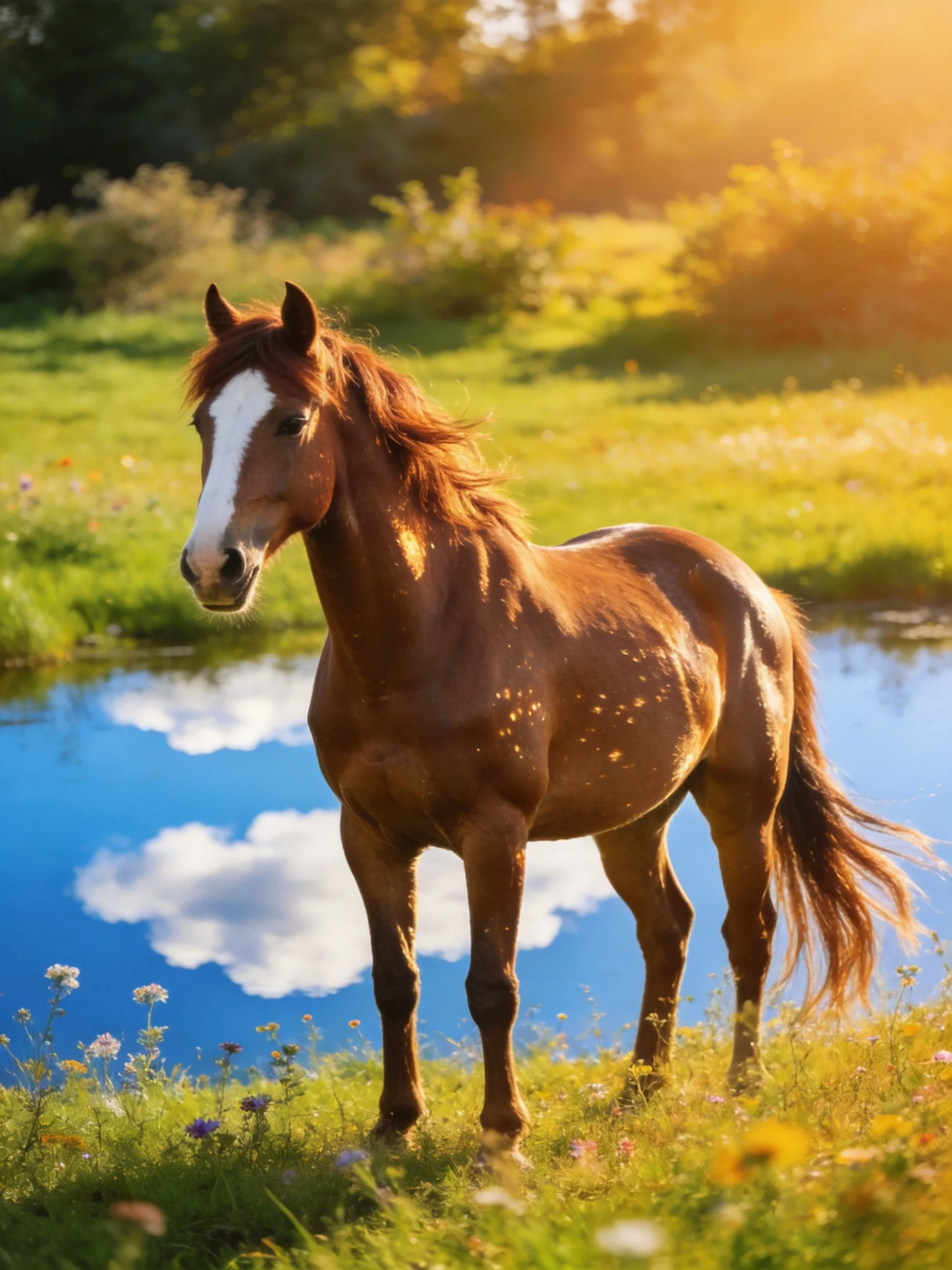 A brown horse with a white blaze stands in a sunlit meadow by a reflective pond