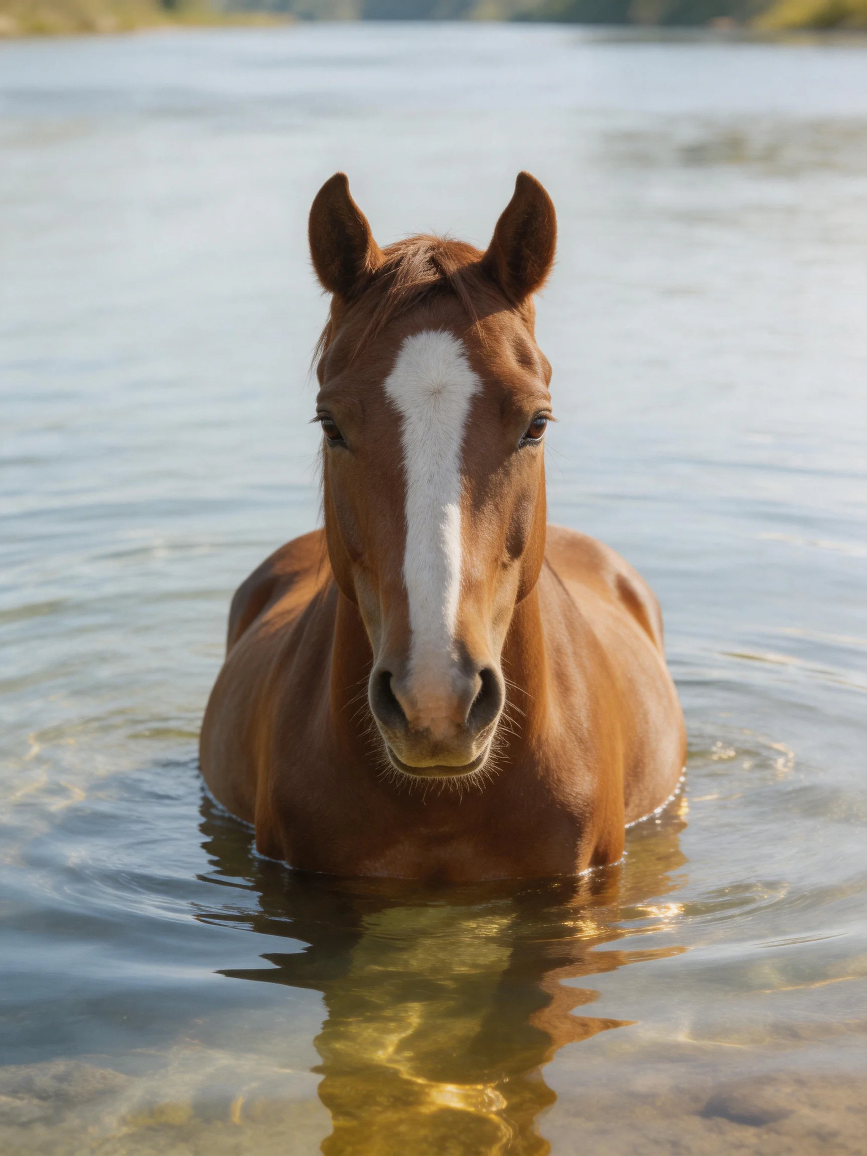 A brown horse with a white blaze stands in shallow river water