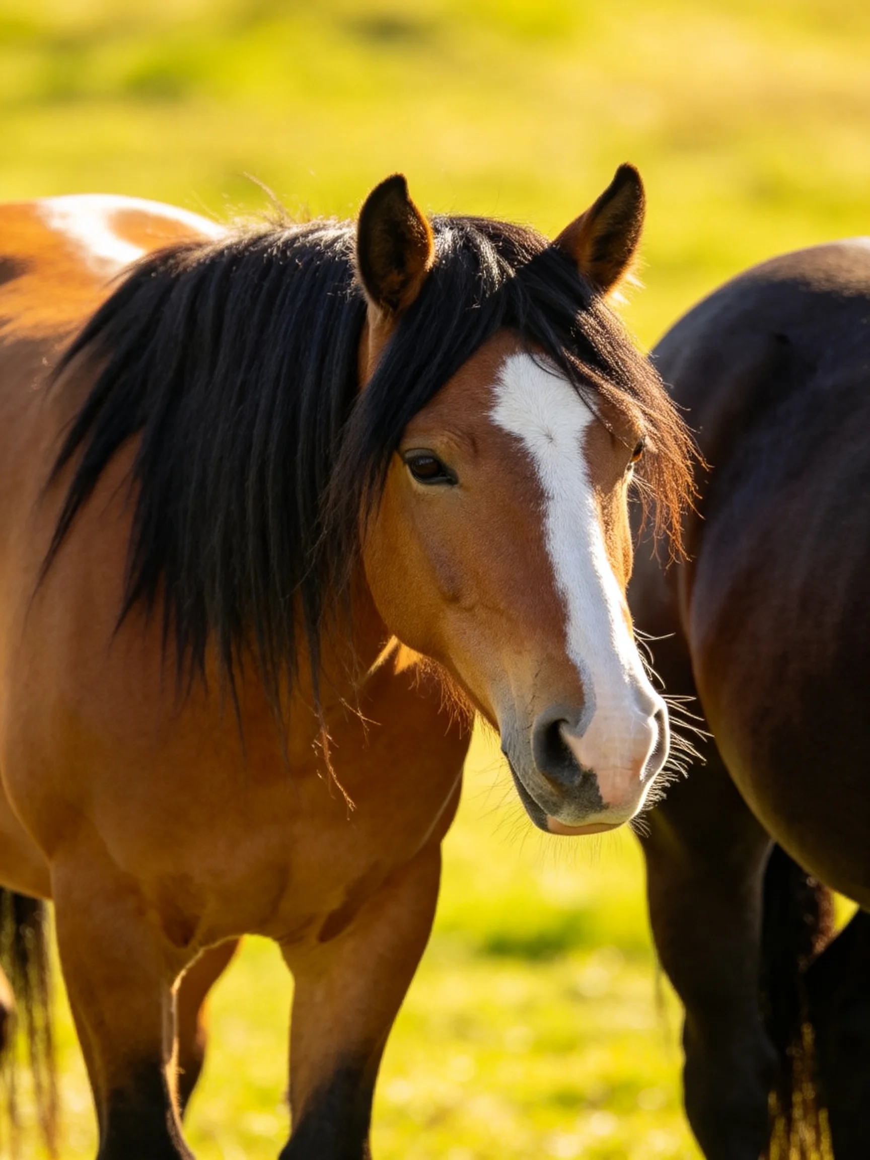 A brown horse with a white blaze stands near a dark horse in a sunlit pasture