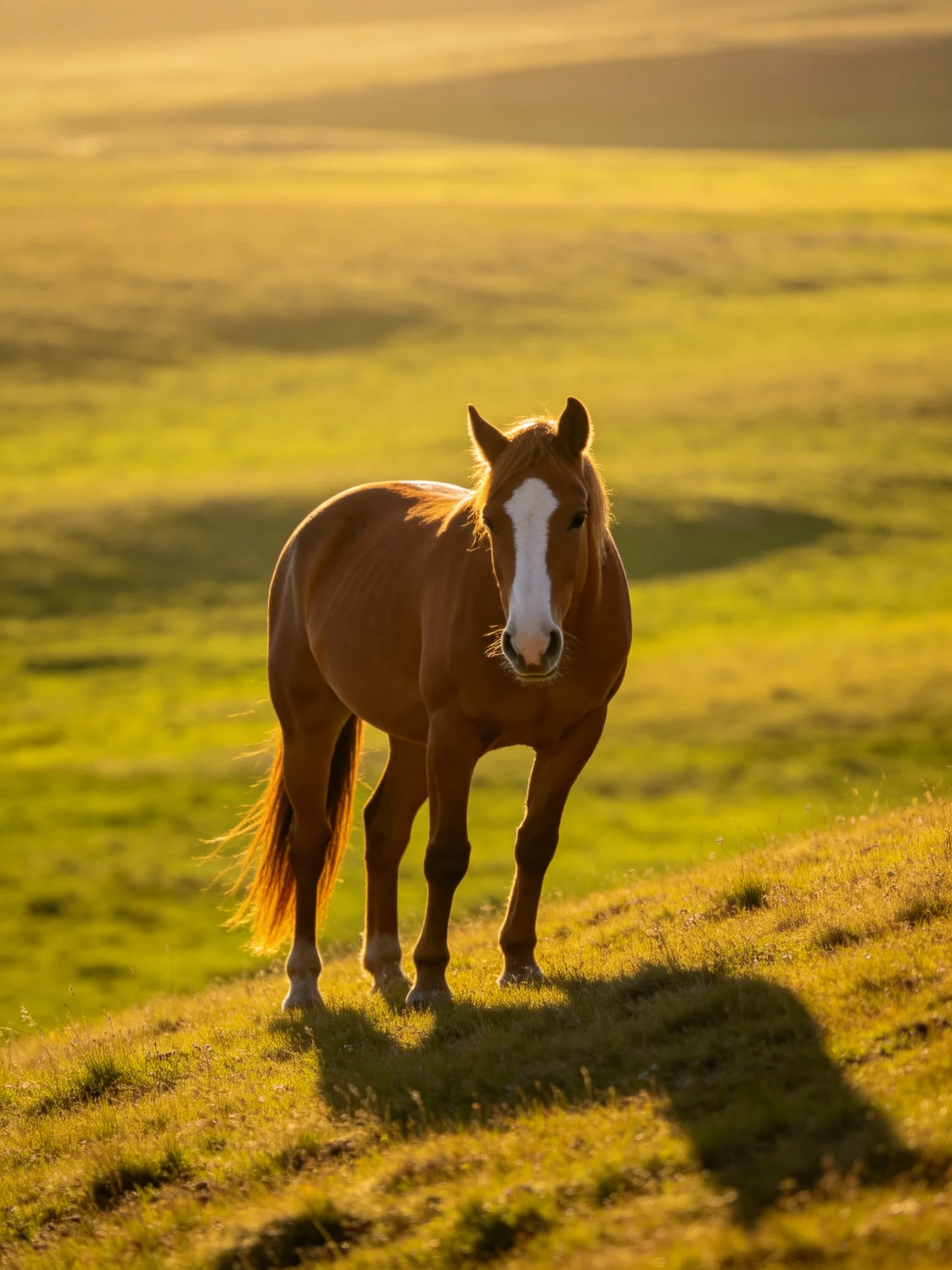 A brown horse with a white blaze stands on a sunlit grassy hill in an expansive green meadow