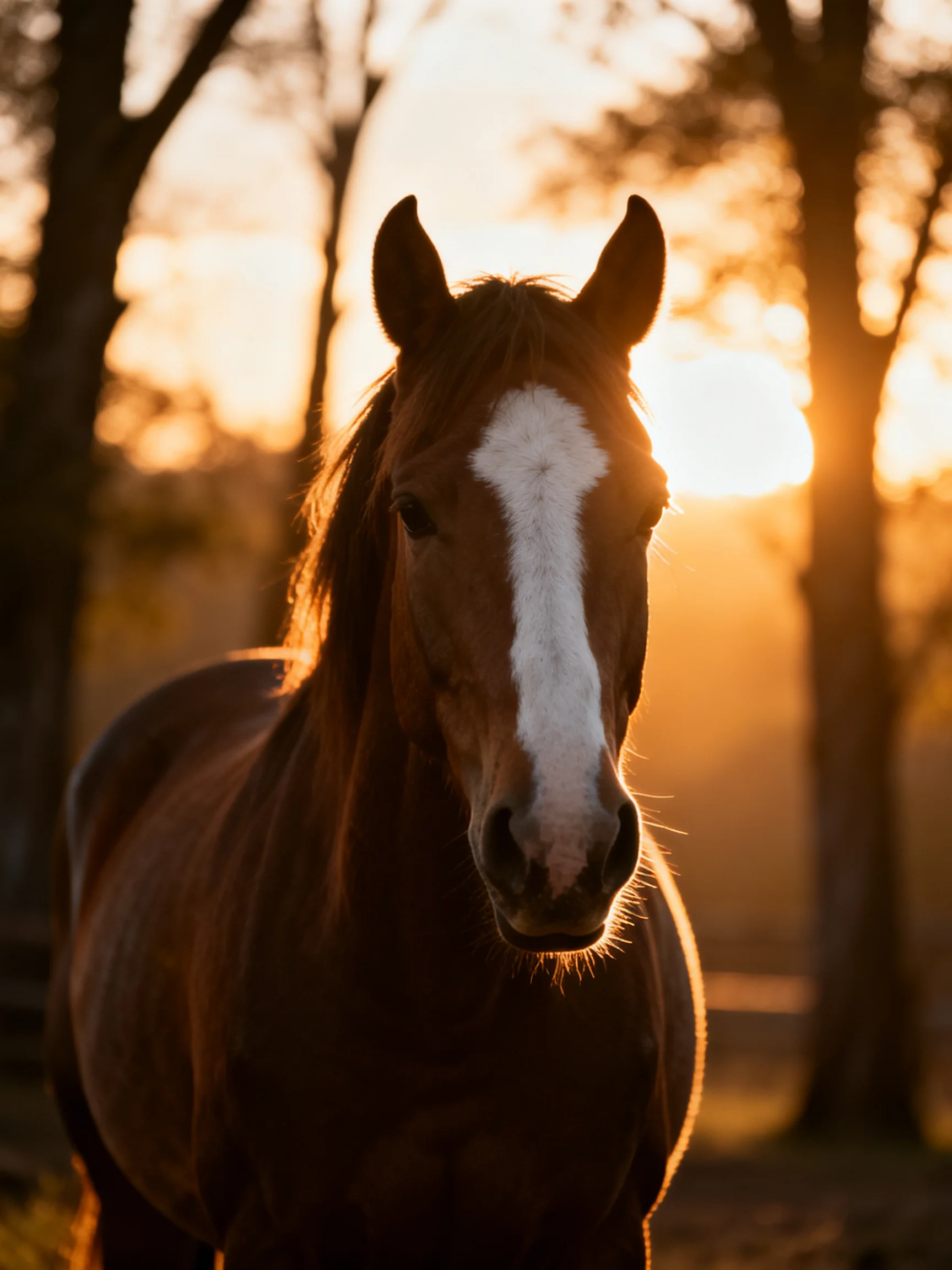A brown horse with a white blaze stands under golden sunset light