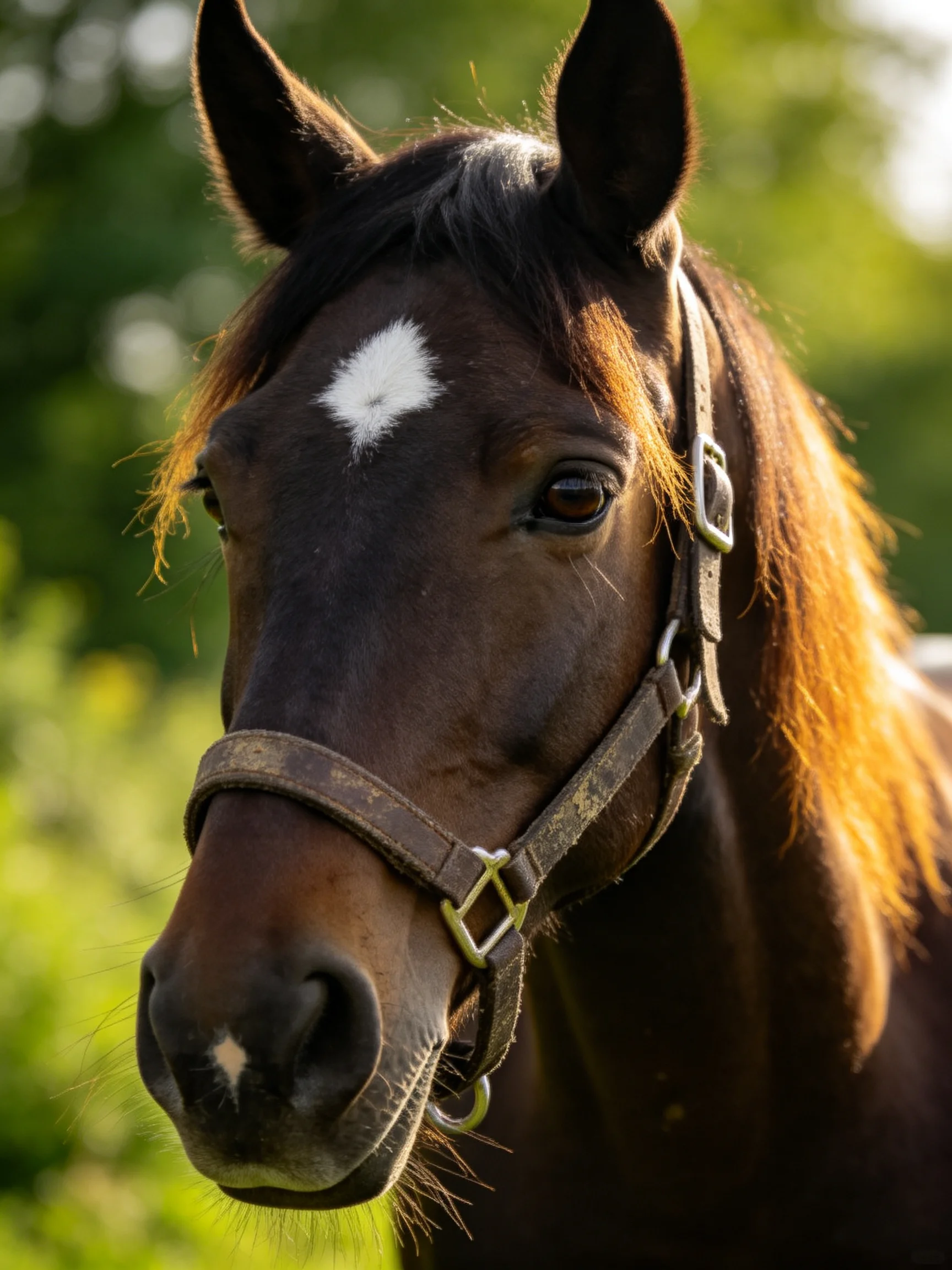 A brown horse with a white blaze wearing a halter in a sunlit outdoor setting