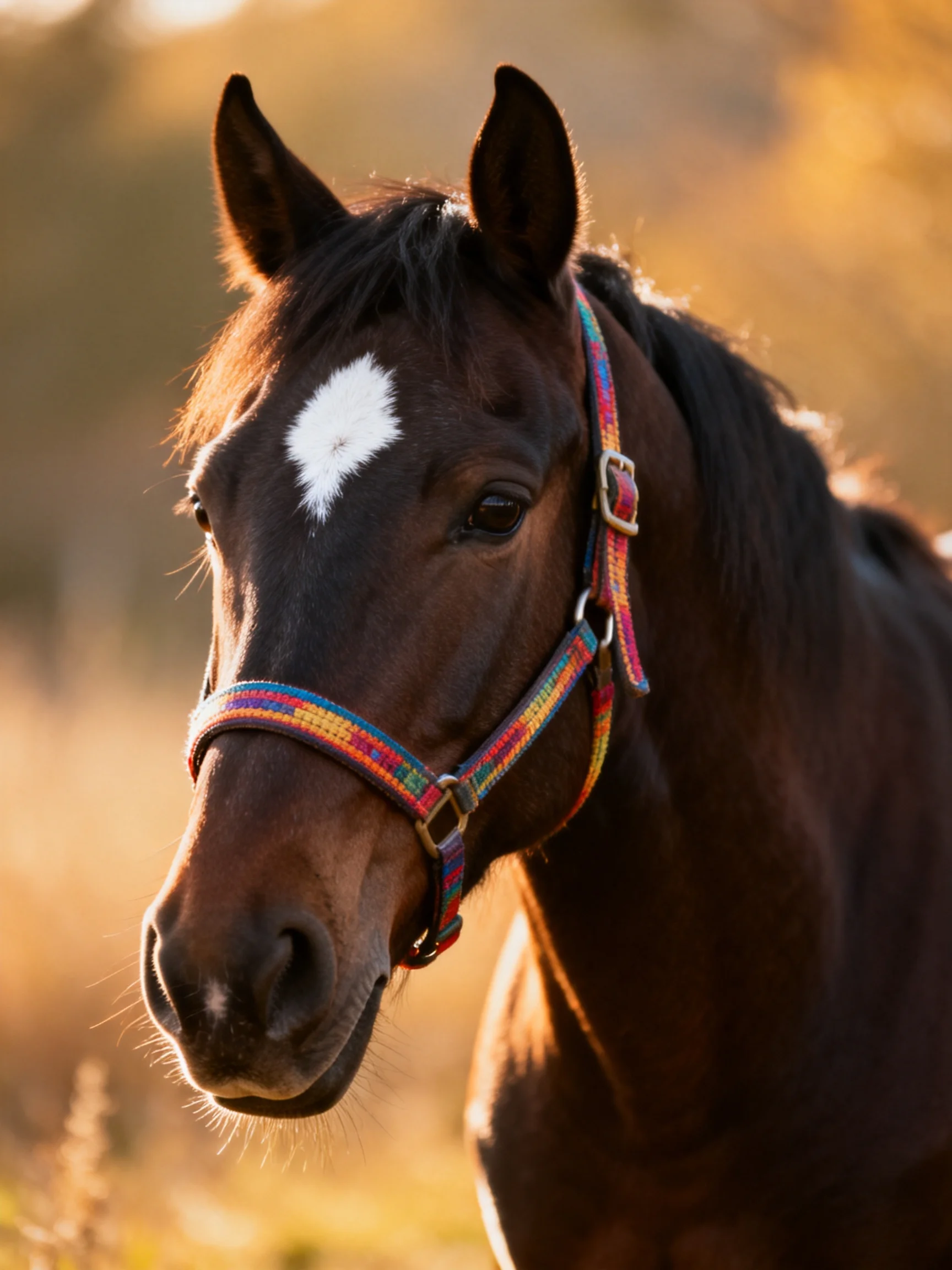 A brown horse with a white blaze wears a colorful halter in golden light