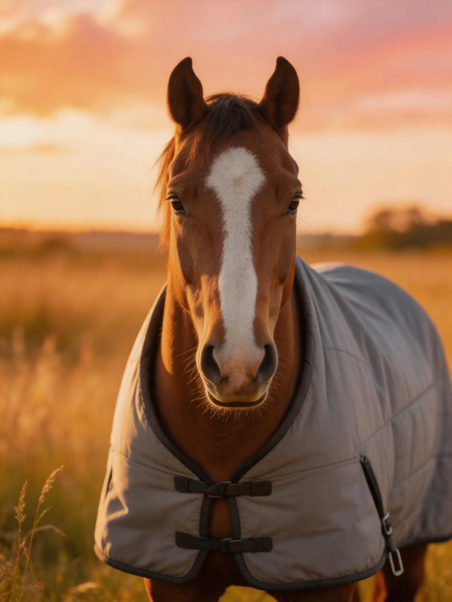 A brown horse with a white blaze wears a gray blanket in golden fields