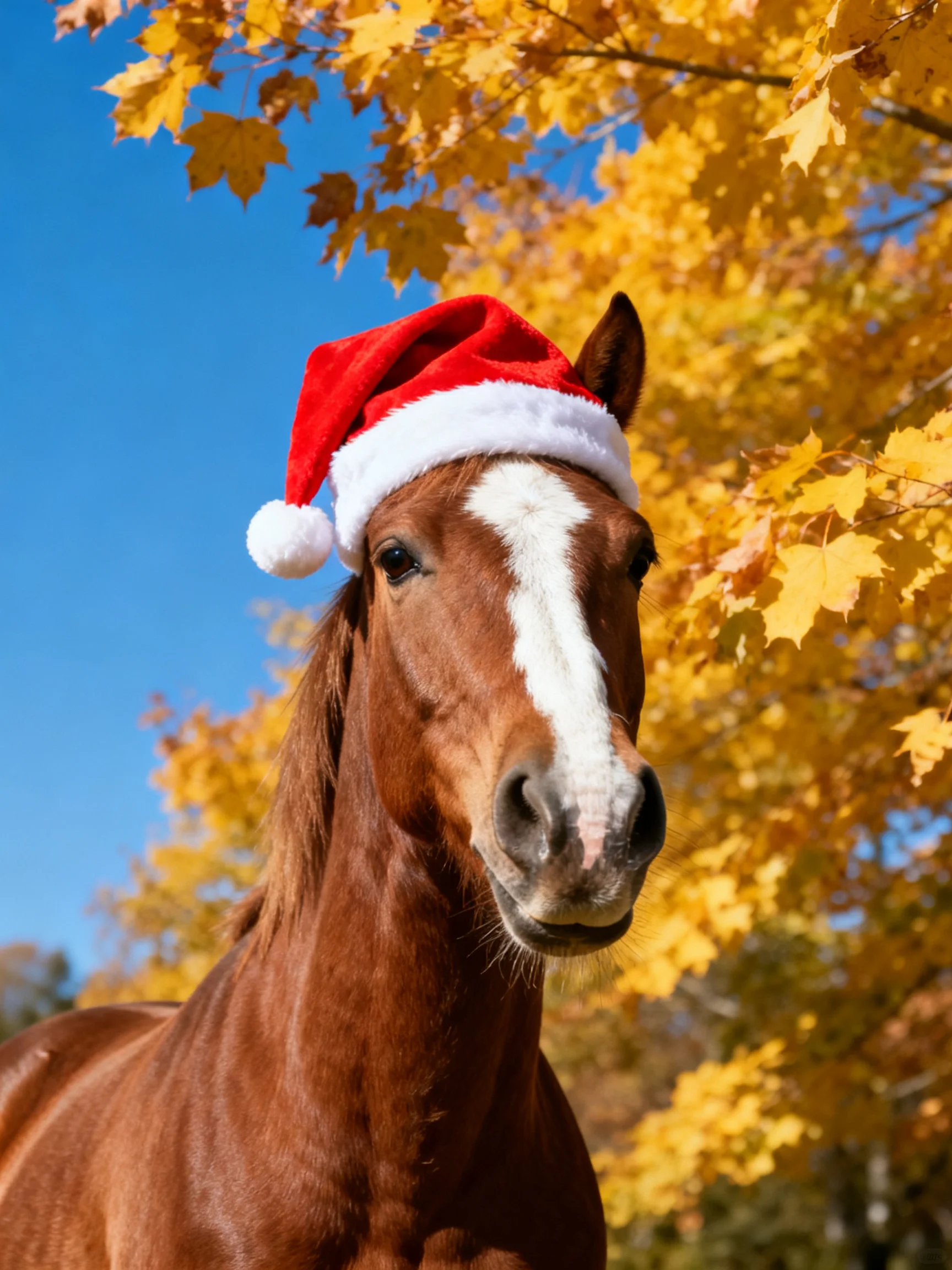 A brown horse with a white blaze wears a red Santa hat amid golden autumn trees