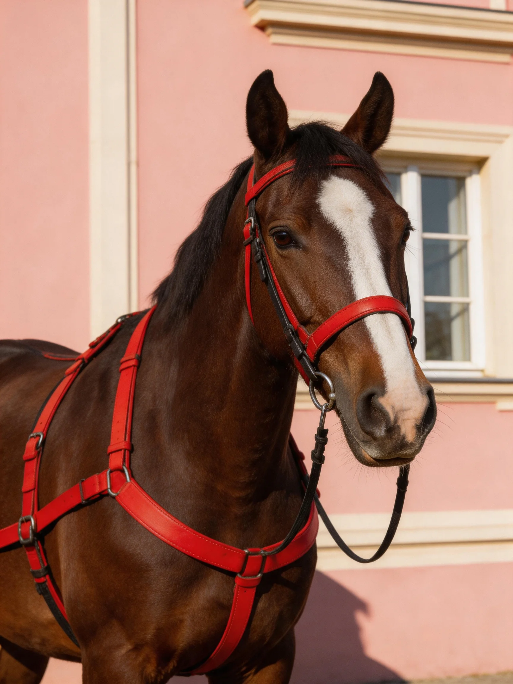 A brown horse with a white blaze wears a red harness near a pink building