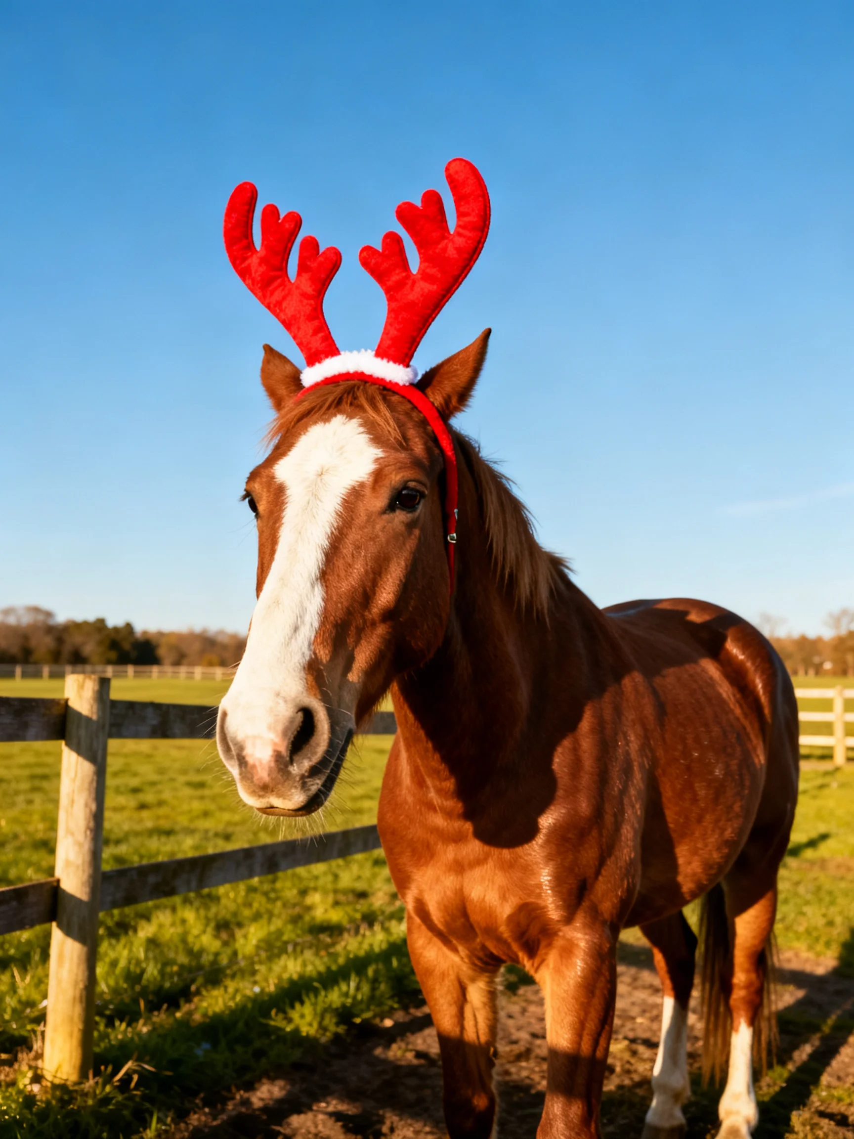 A brown horse with a white blaze wears bright red reindeer antlers