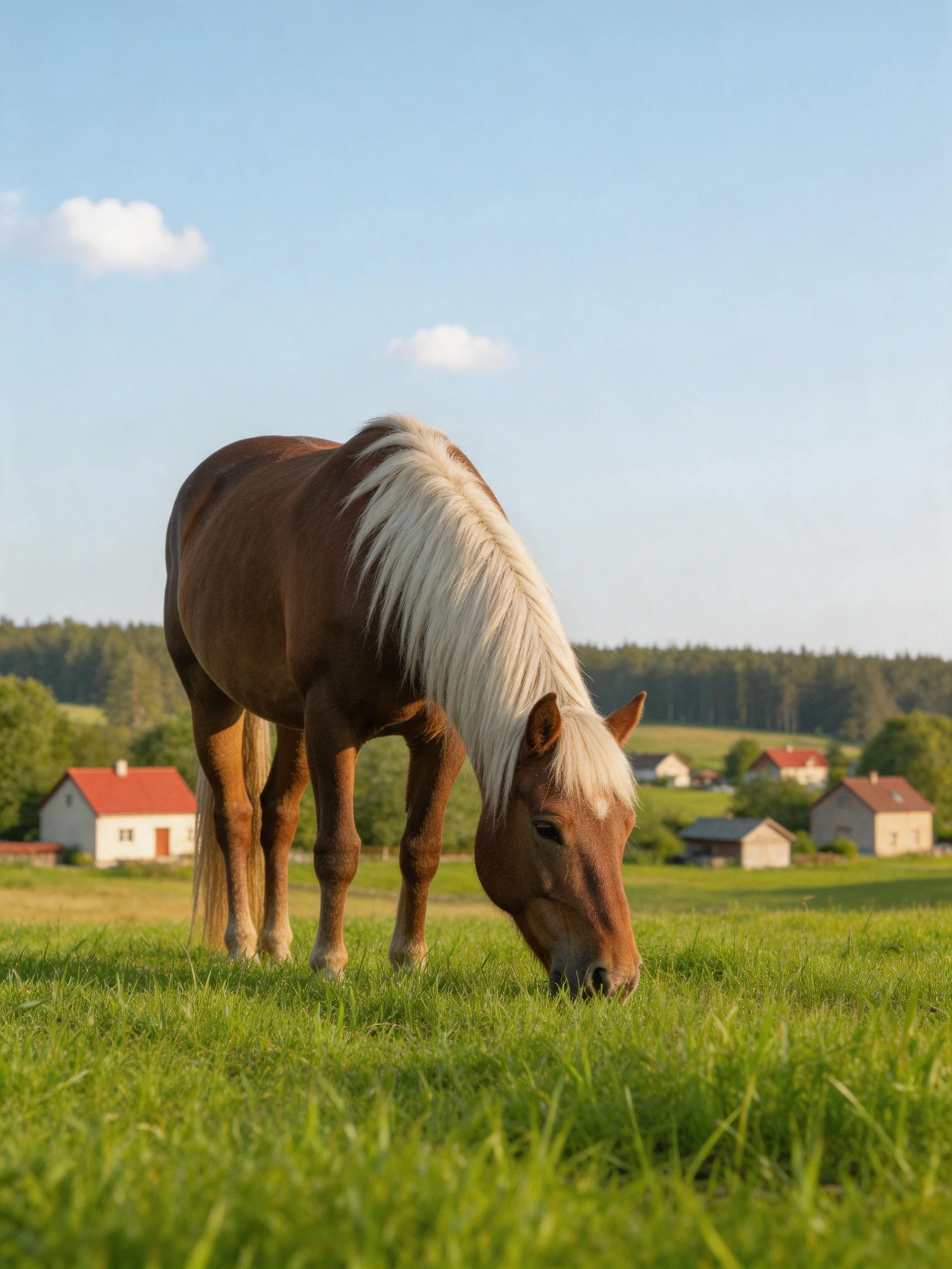 A brown horse with a white mane grazes in a green pasture near farmhouses
