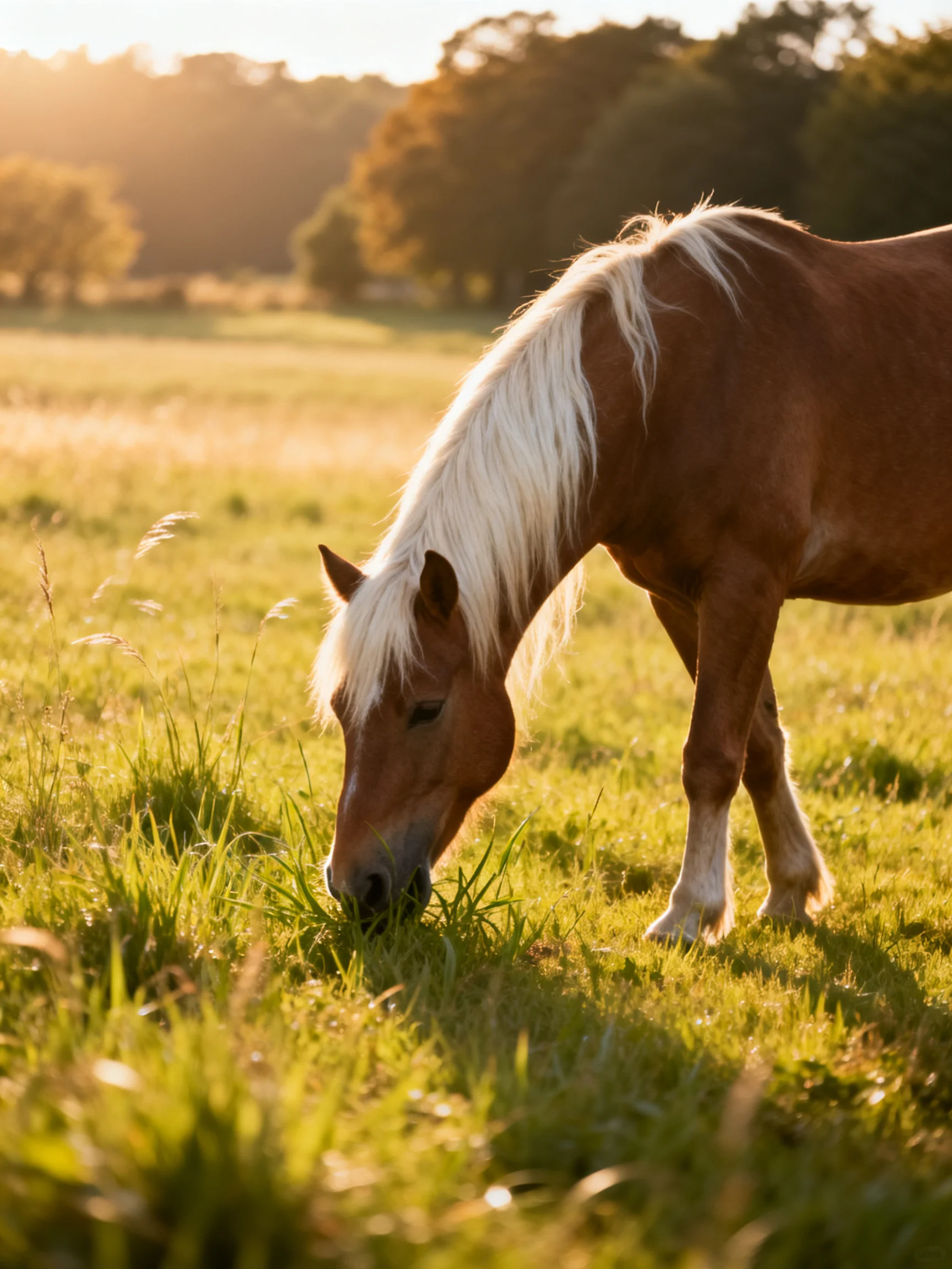 A brown horse with a white mane grazes in a sunlit green meadow