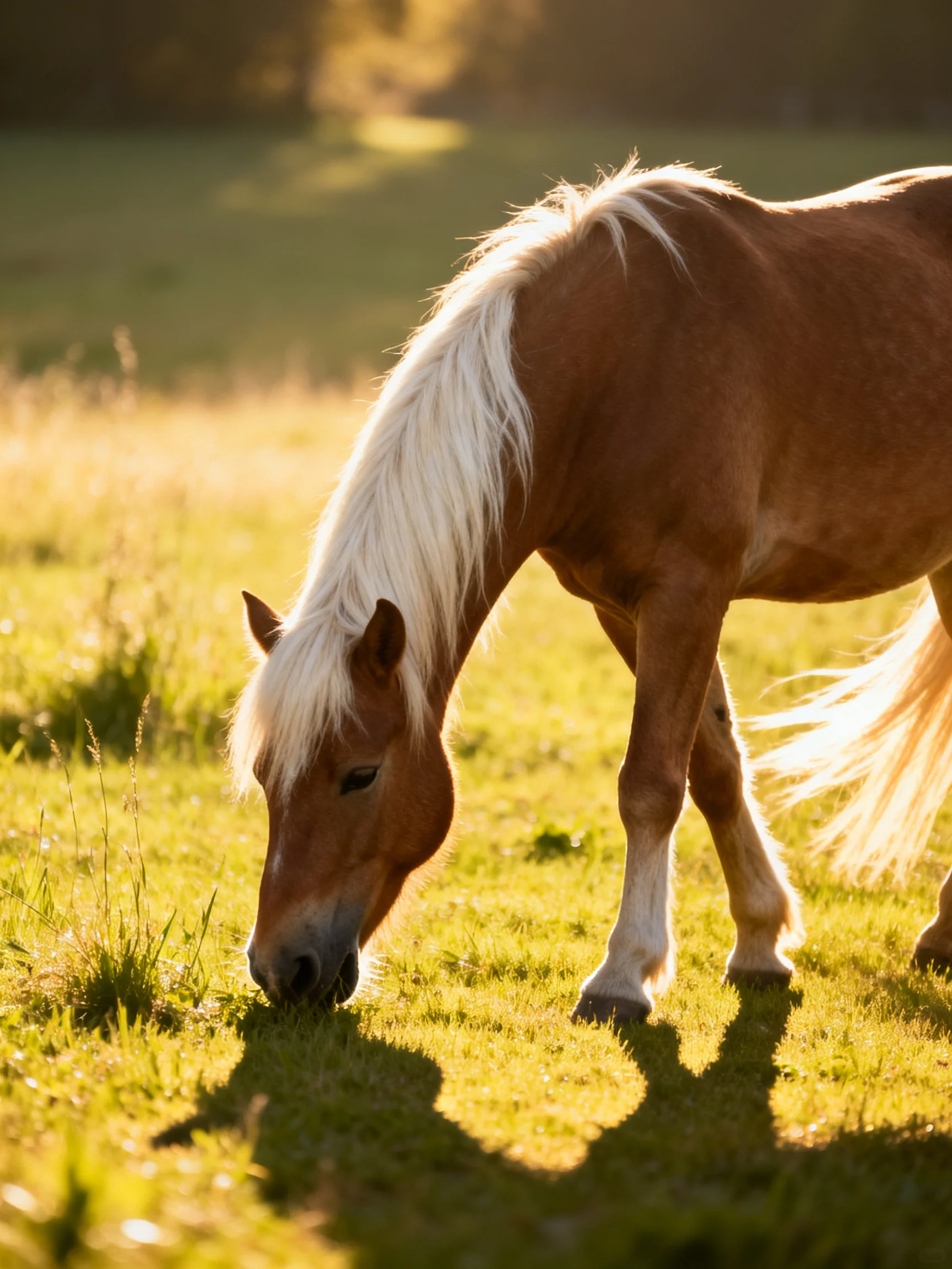 A brown horse with a white mane grazes in a sunlit green meadow