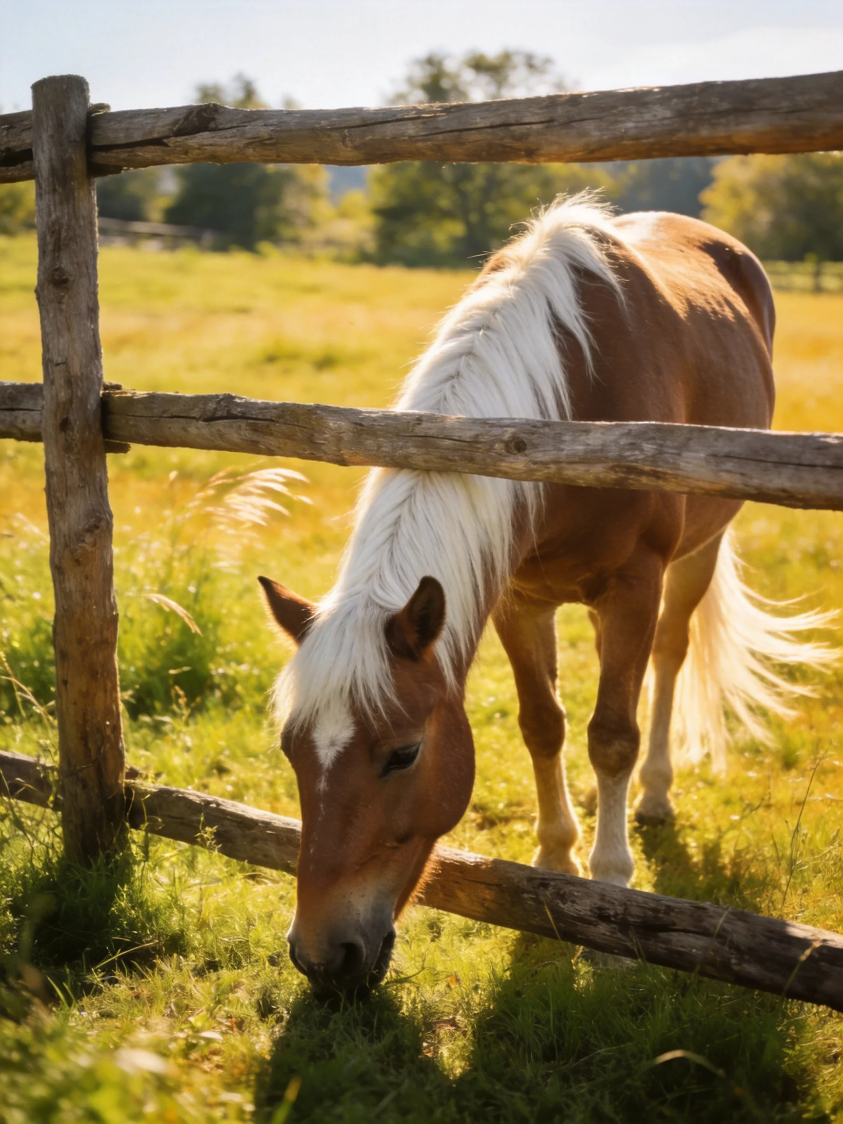 Brown horse with white mane feeds by wooden fence in sunny field