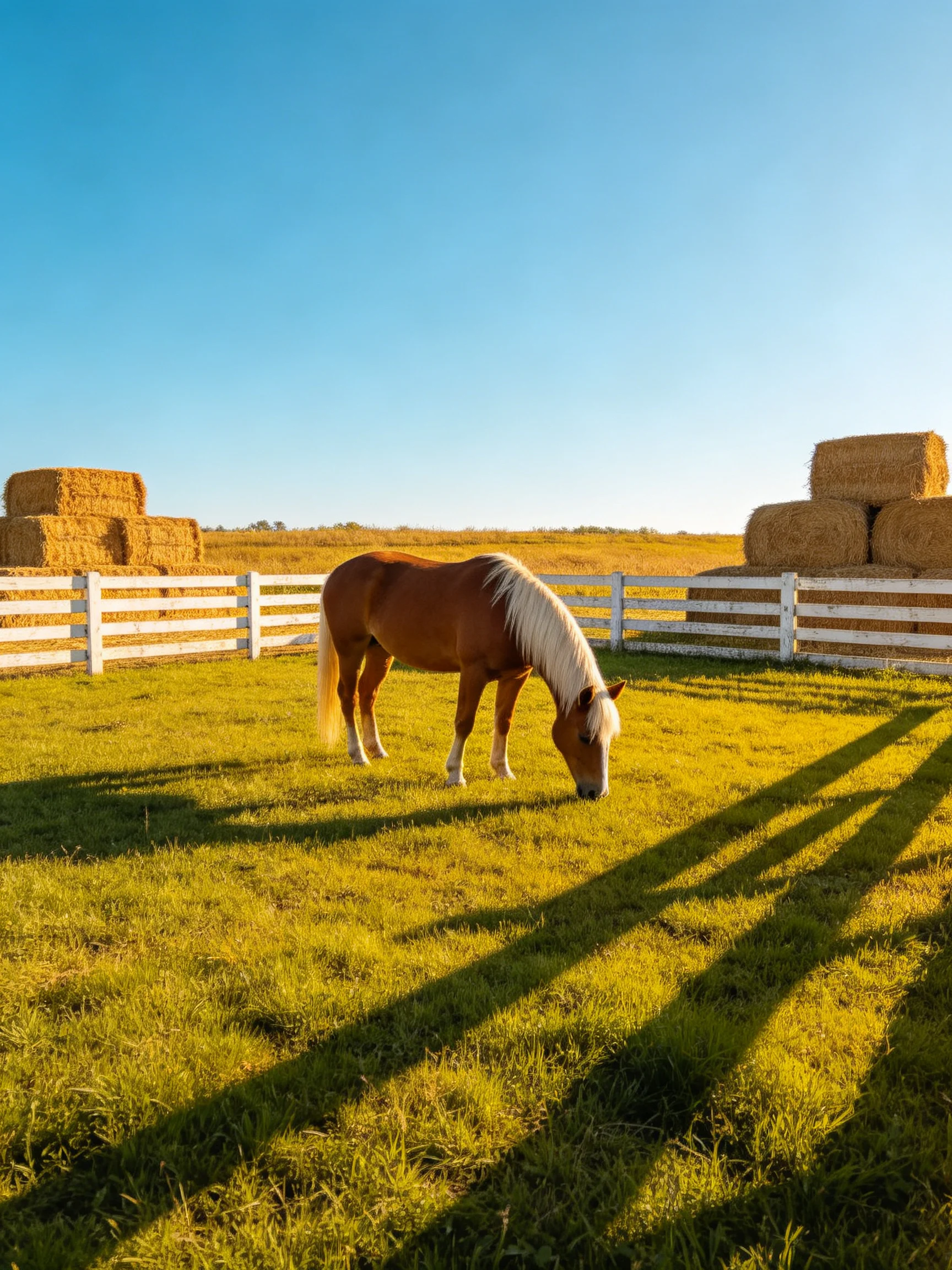 A brown horse with a white mane grazes near stacked hay bales and a white fence