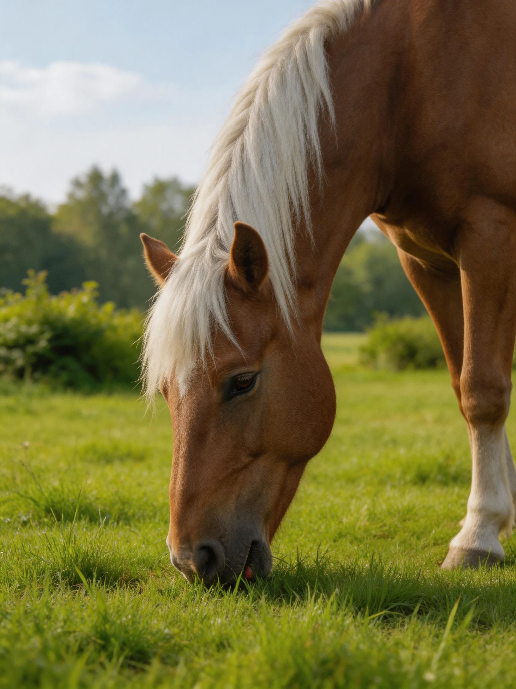 A brown horse with a white mane grazing in a sunlit green meadow