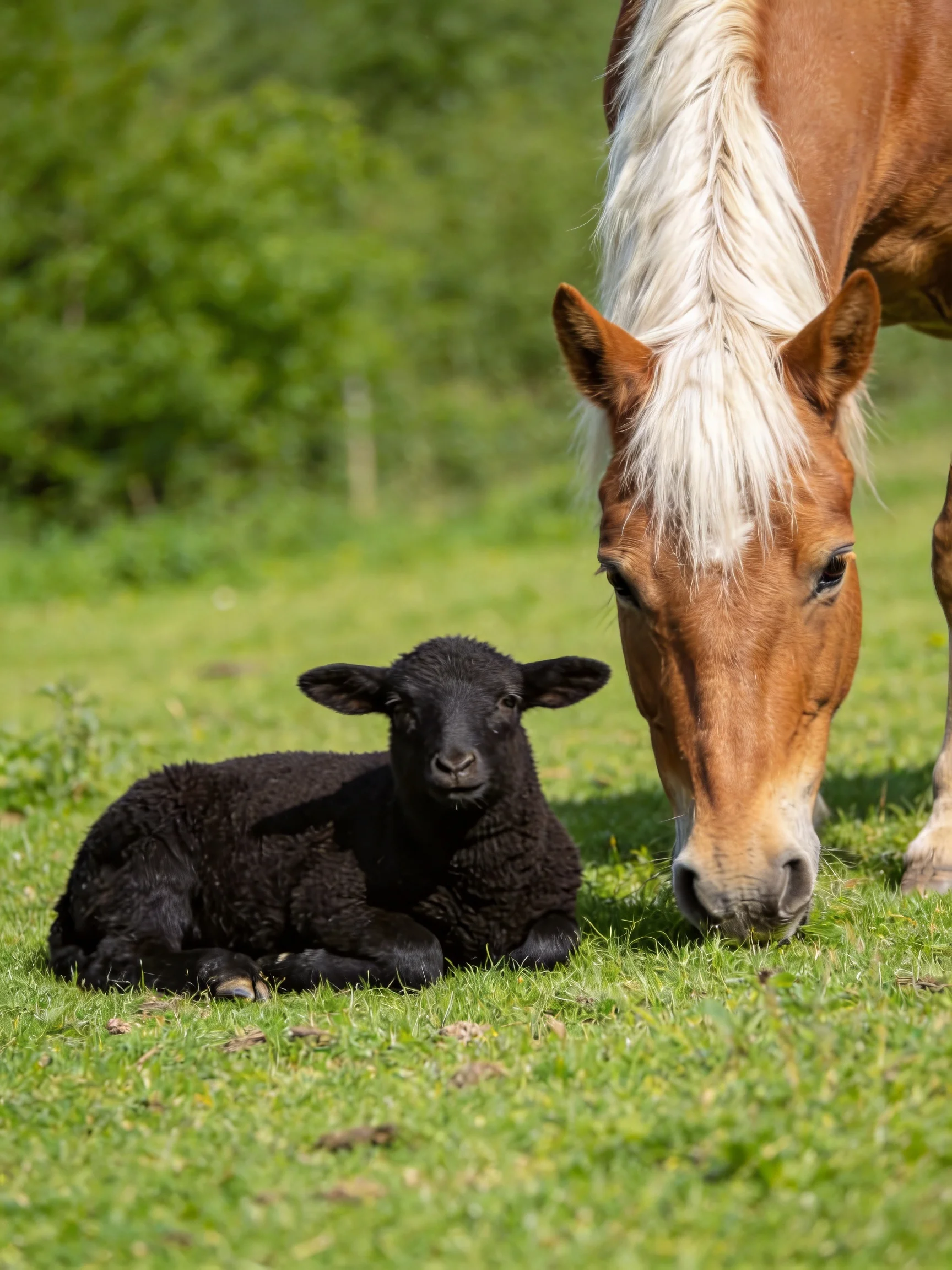 A brown horse with a white mane stands beside a small black lamb in a lush green meadow