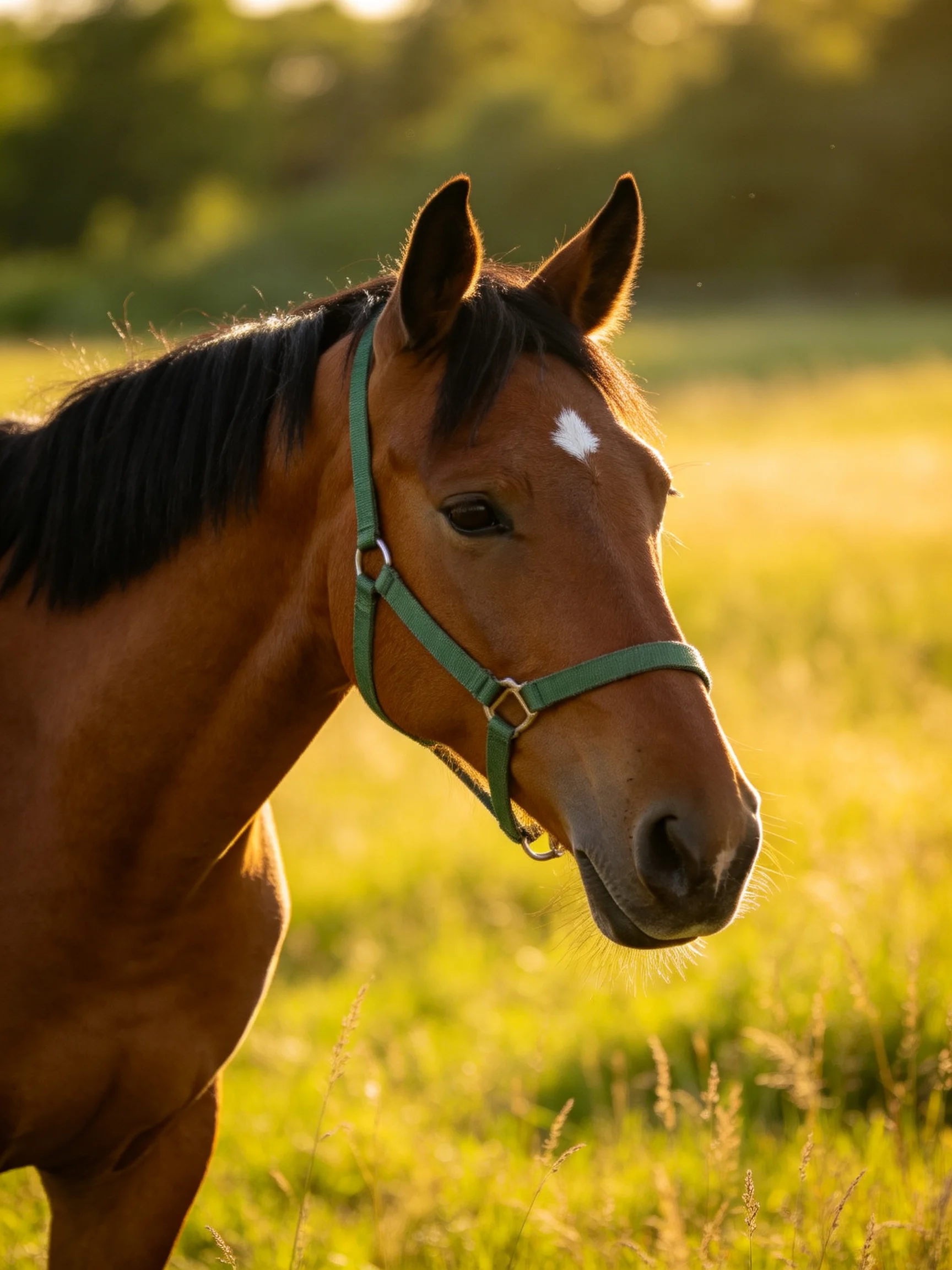 A brown horse with a white marking wears a green halter in a sunlit meadow