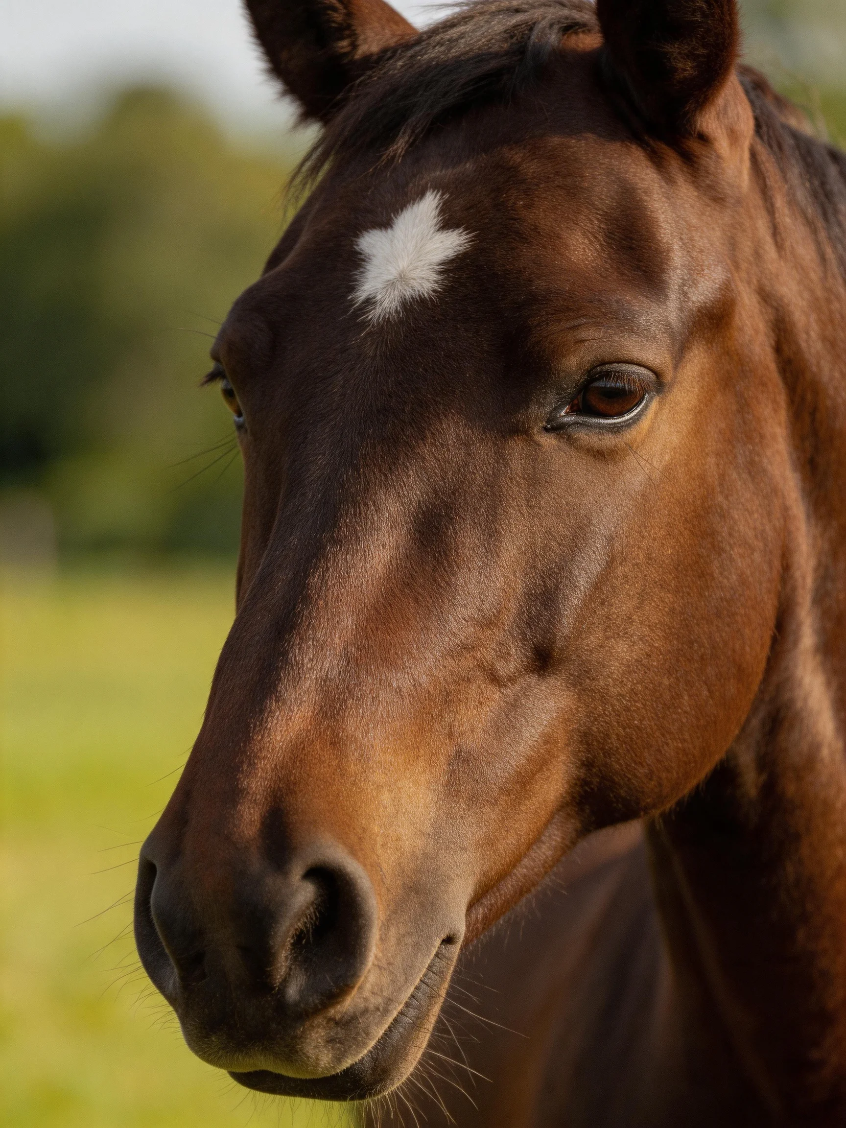 A brown horse with a white star marking on its forehead