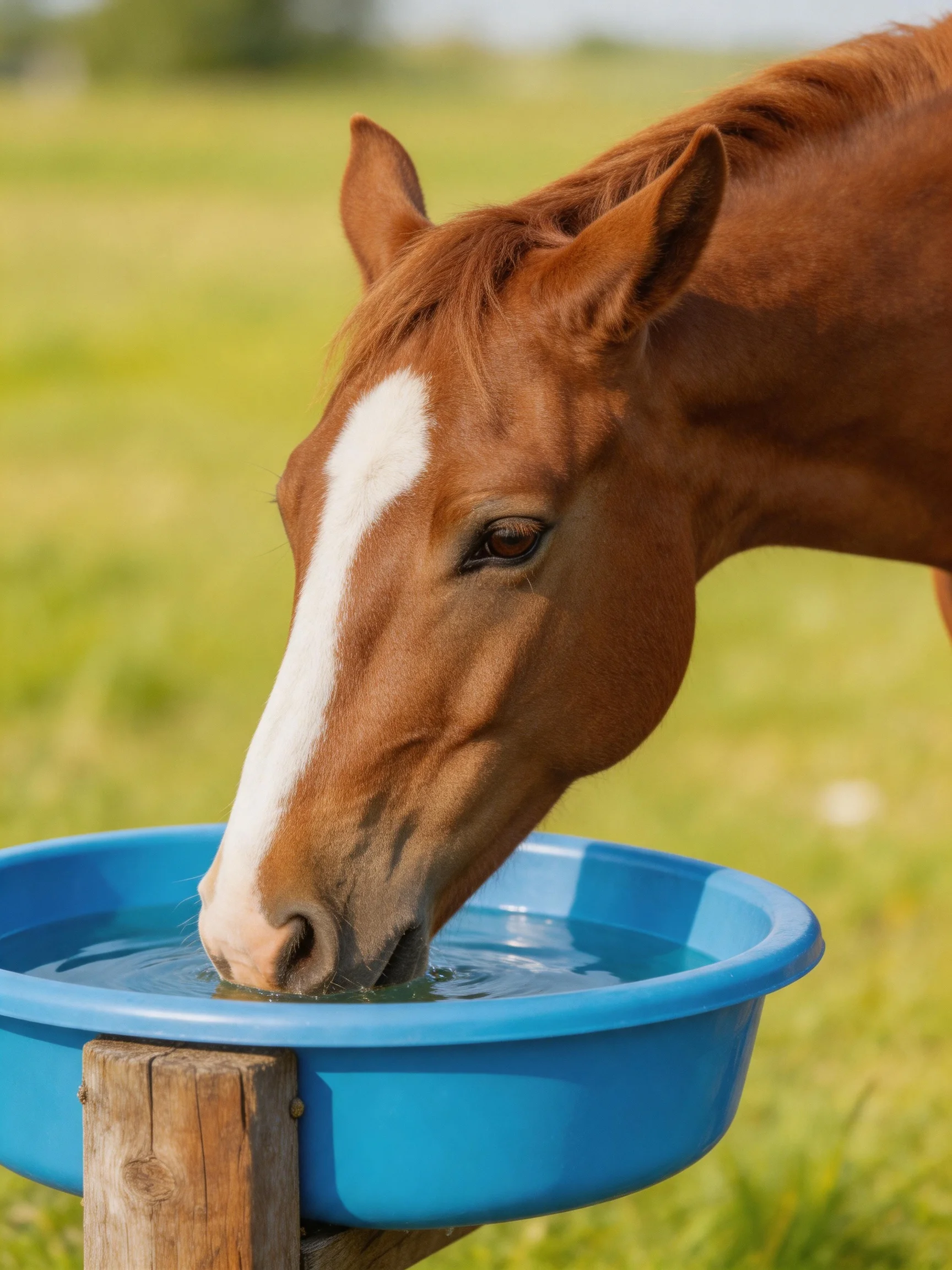 A brown horse with a white stripe drinks from a bright blue water trough