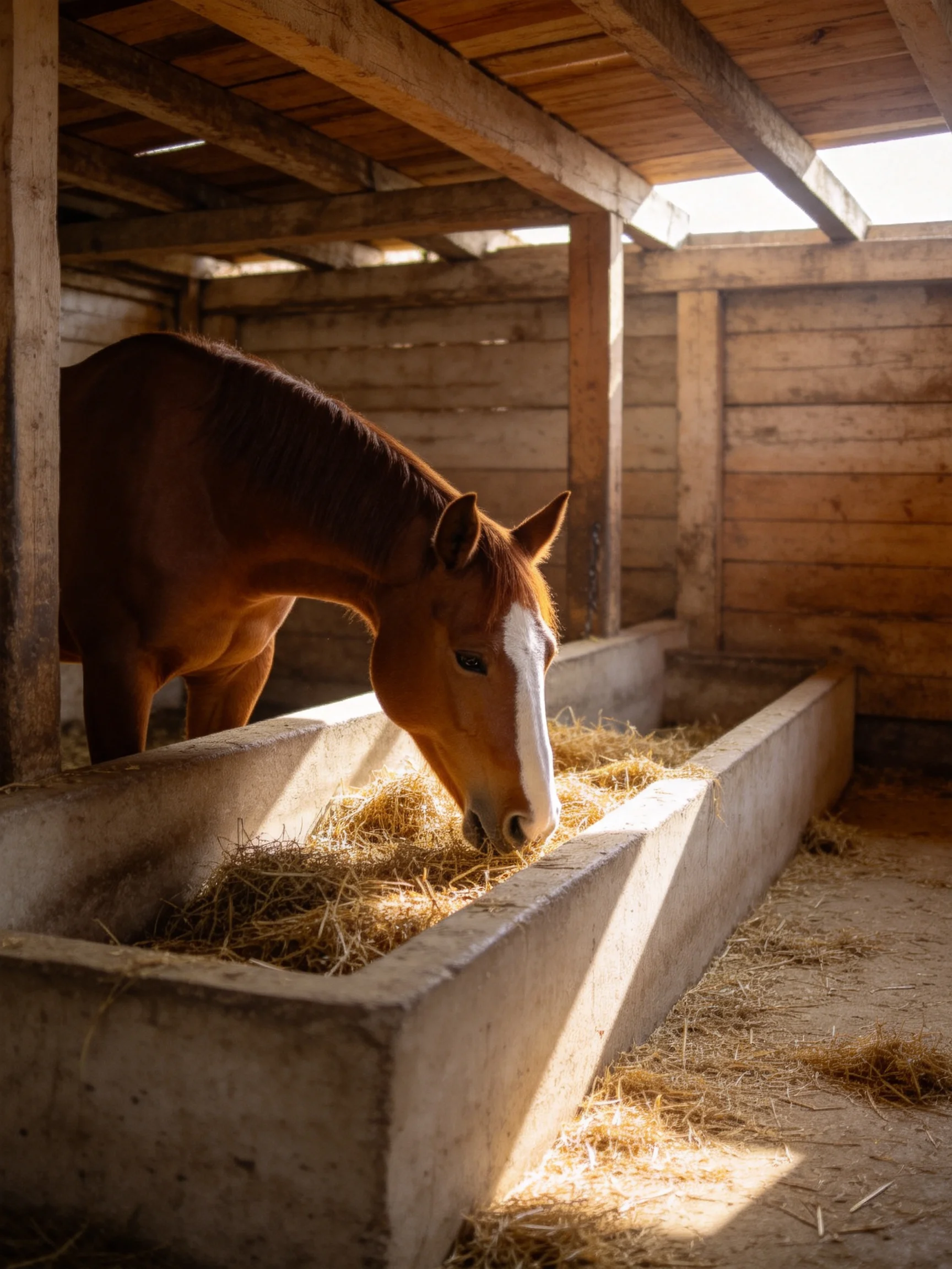 A brown horse with a white stripe eats hay in a wooden stable