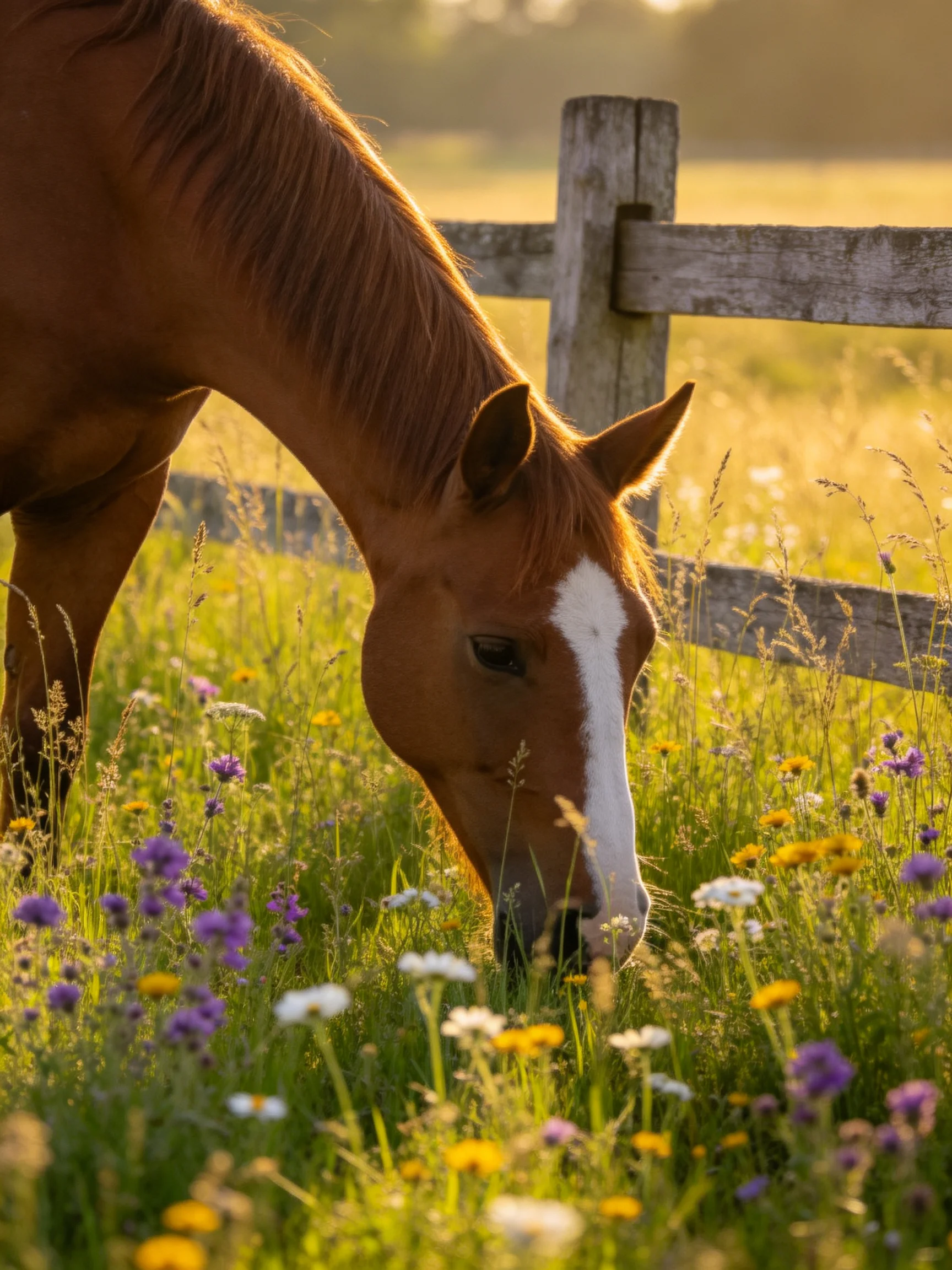 A brown horse with a white stripe grazes among colorful wildflowers by a wooden fence