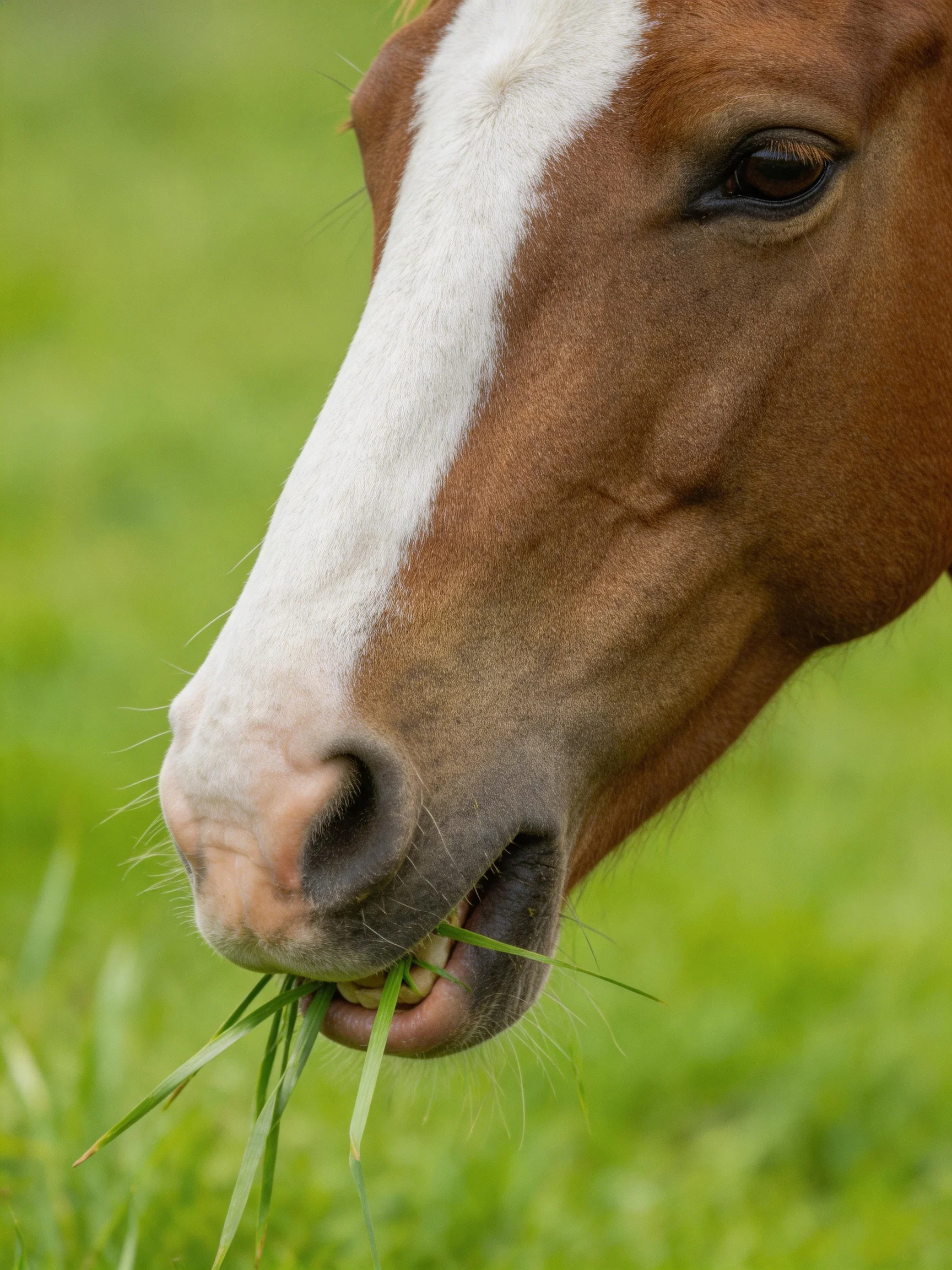 A brown horse with a white stripe grazing on fresh green grass
