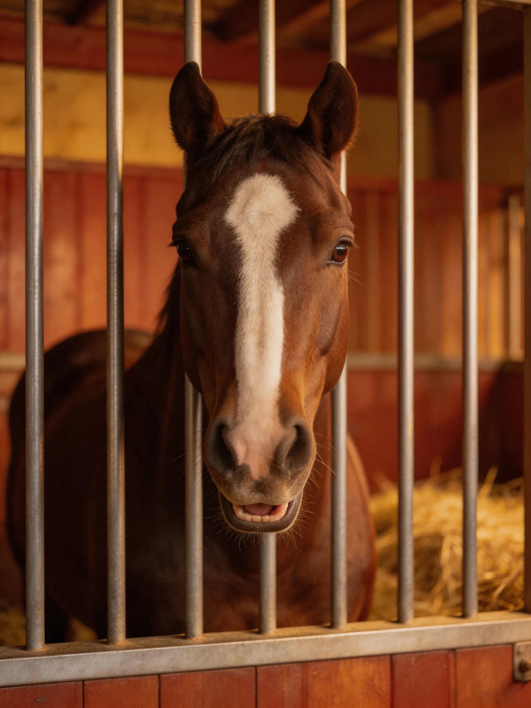 A brown horse with a white stripe in a stable with metal bars