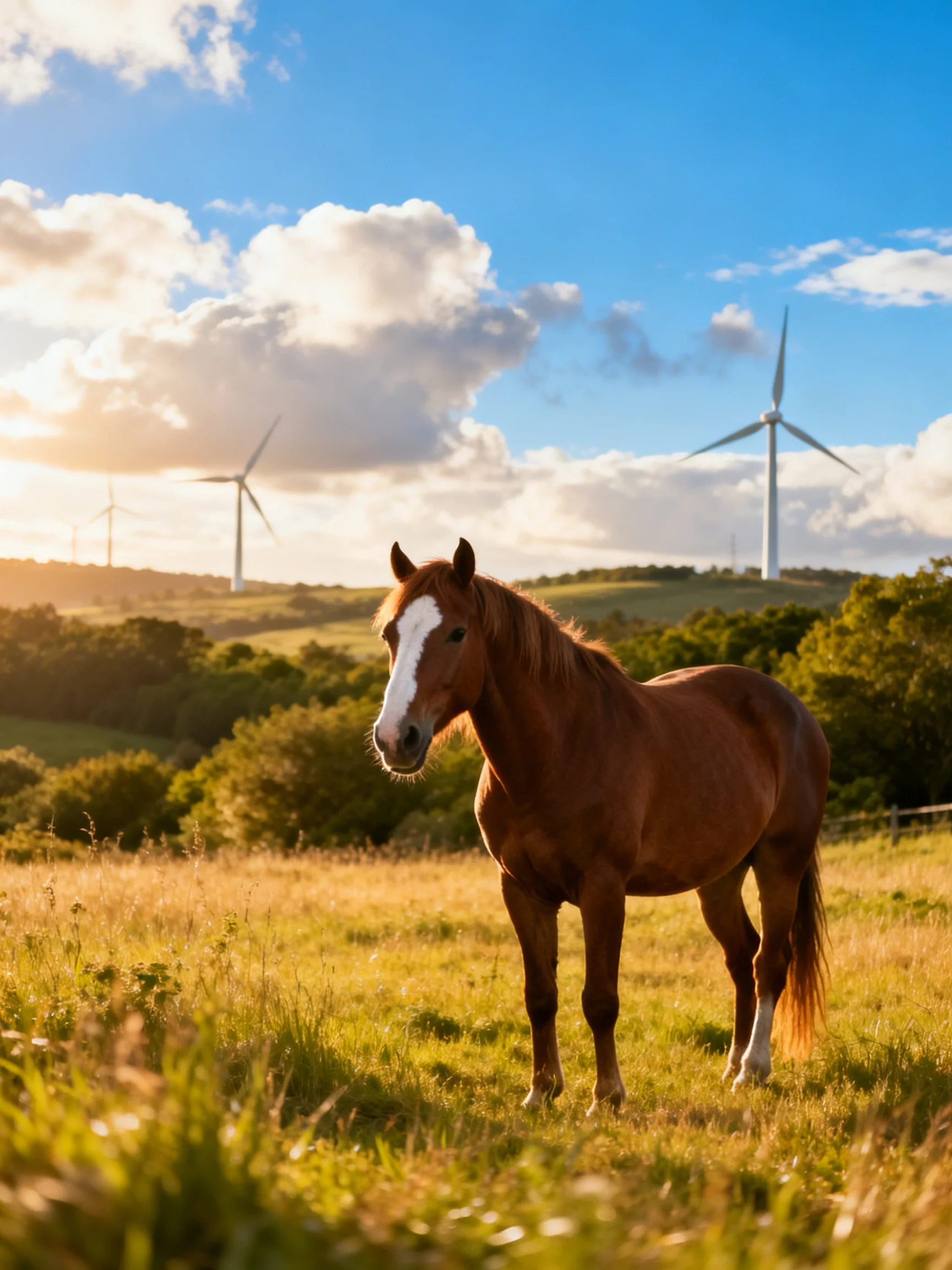 A brown horse with a white stripe stands in a sunny meadow near wind turbines