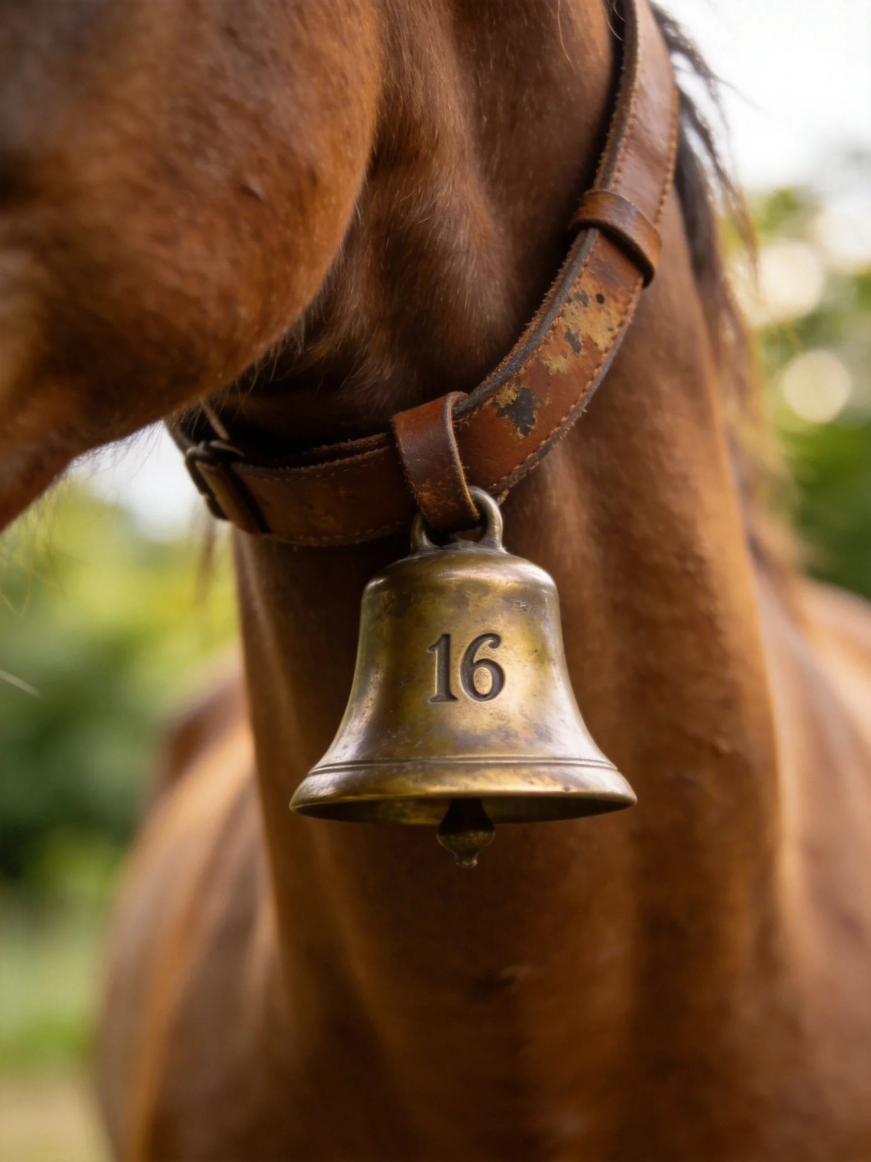 A brown horse with an aged leather collar and a brass bell marked 16