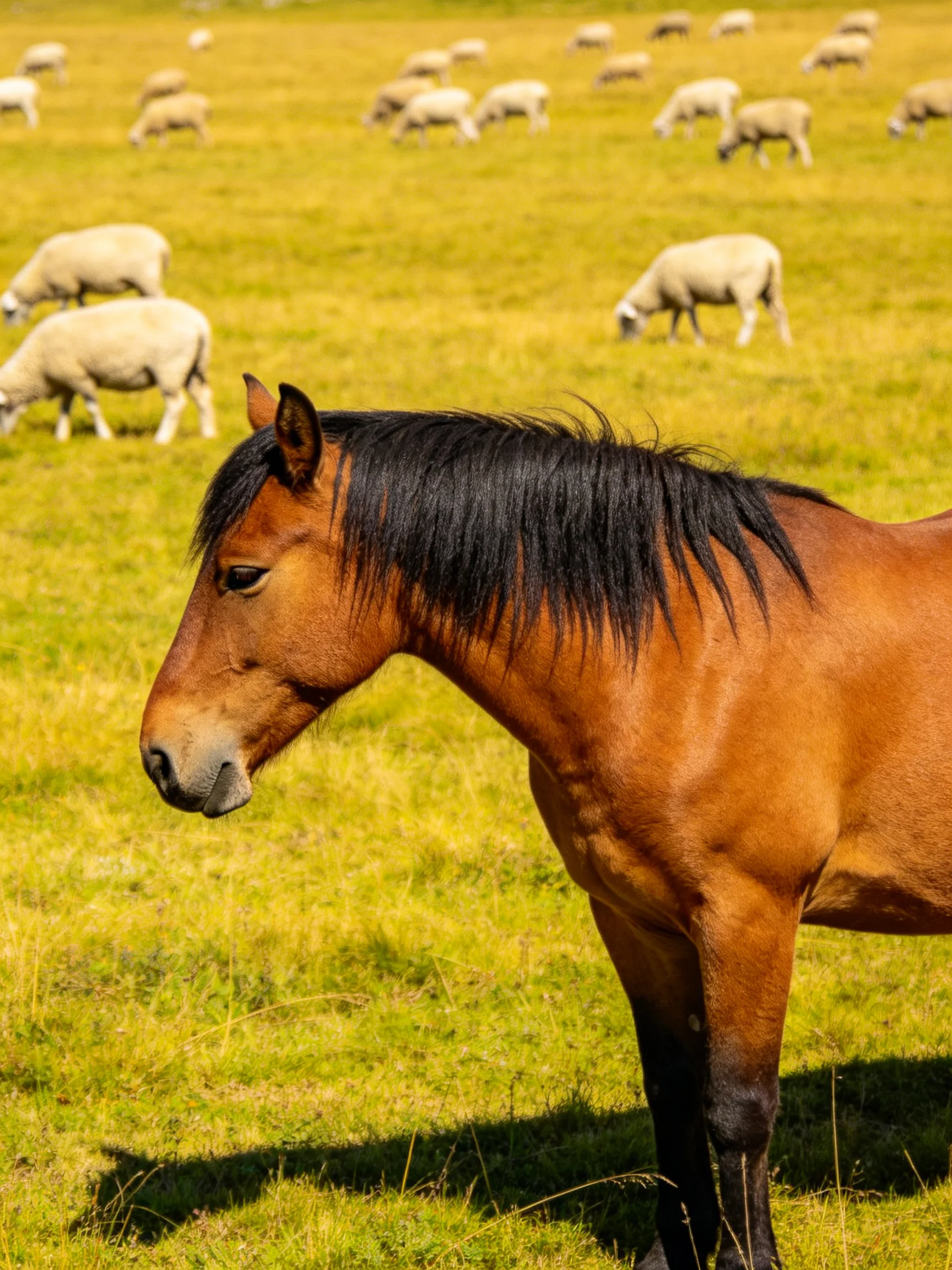 A brown horse with black mane stands near grazing sheep in a green pasture