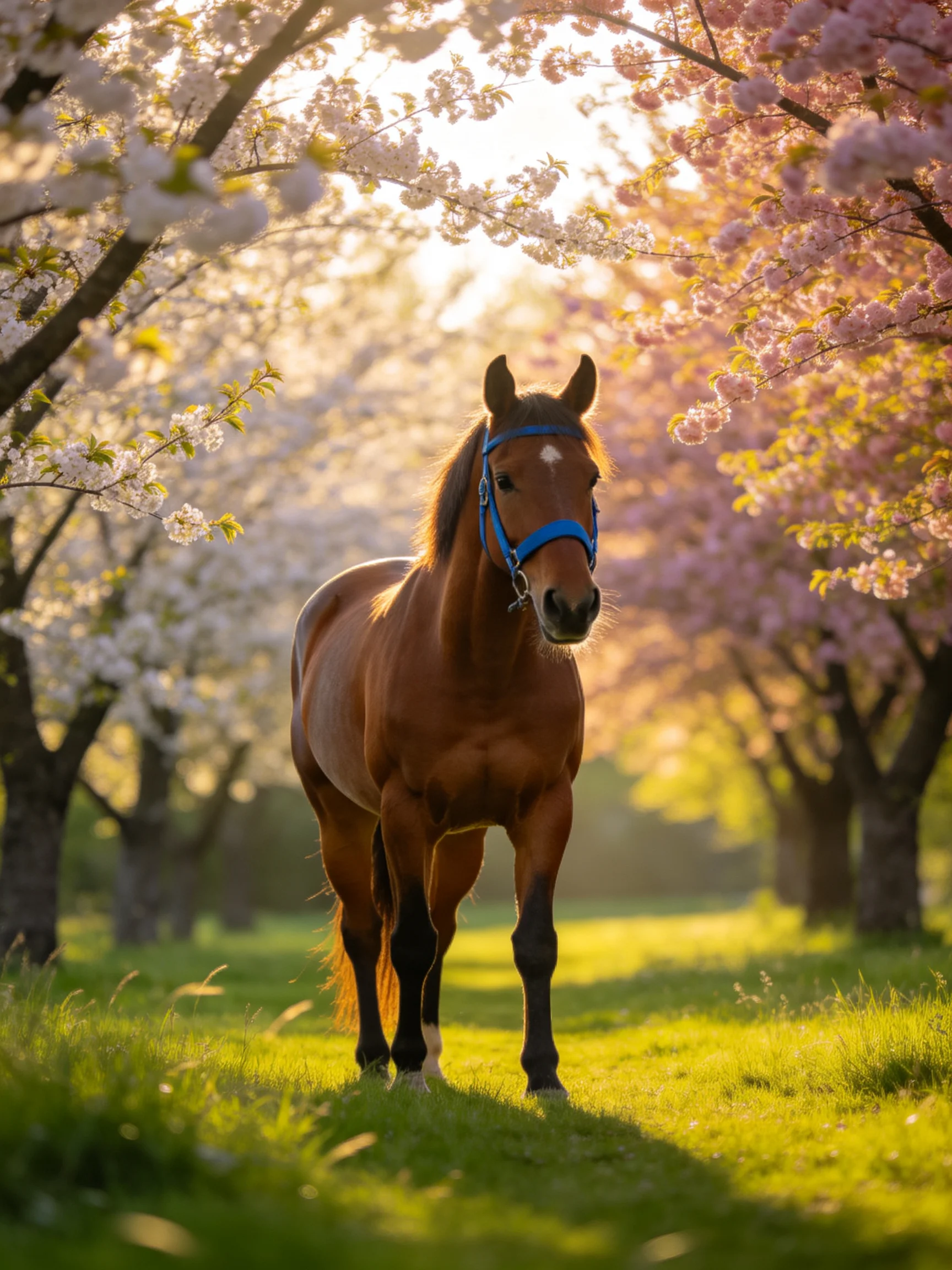 A brown horse with blue bridle near pink and white flowering trees on a sunlit path