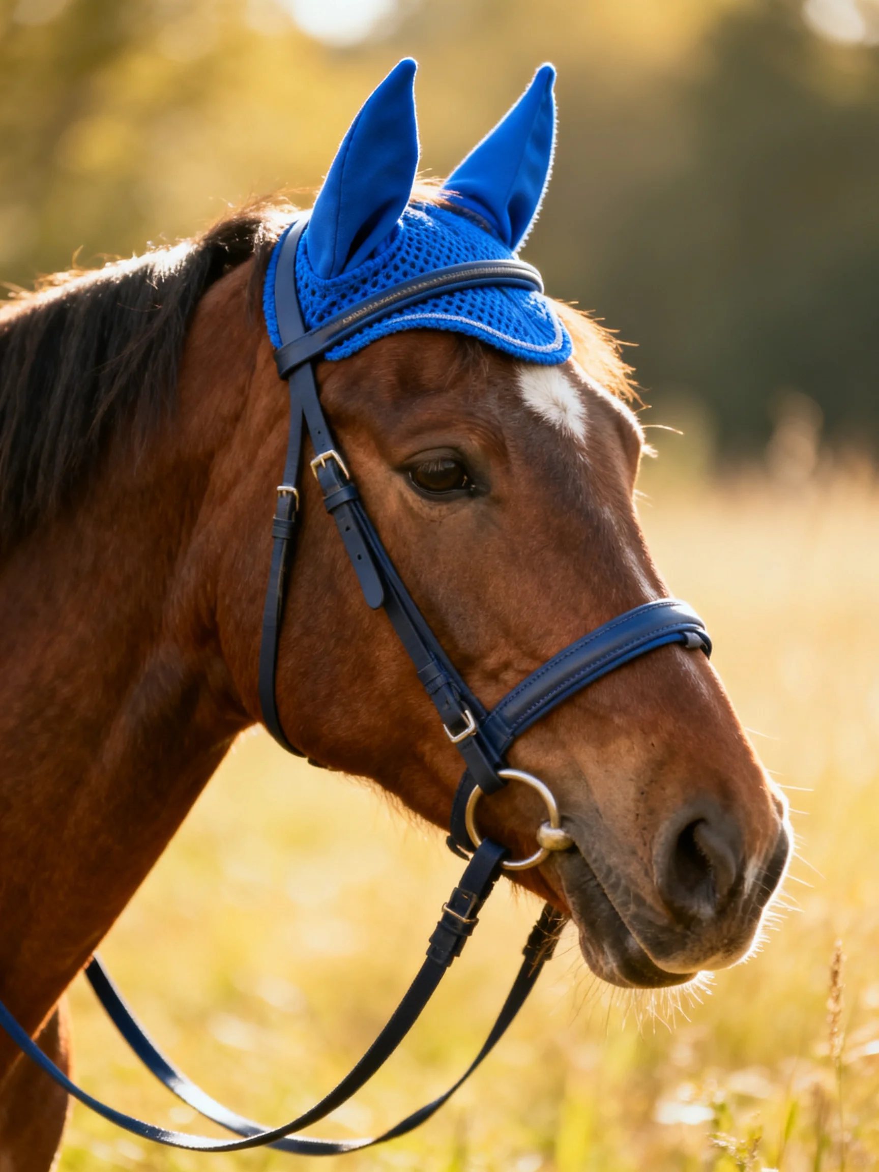 A brown horse with blue tack stands calmly in a sunlit meadow.