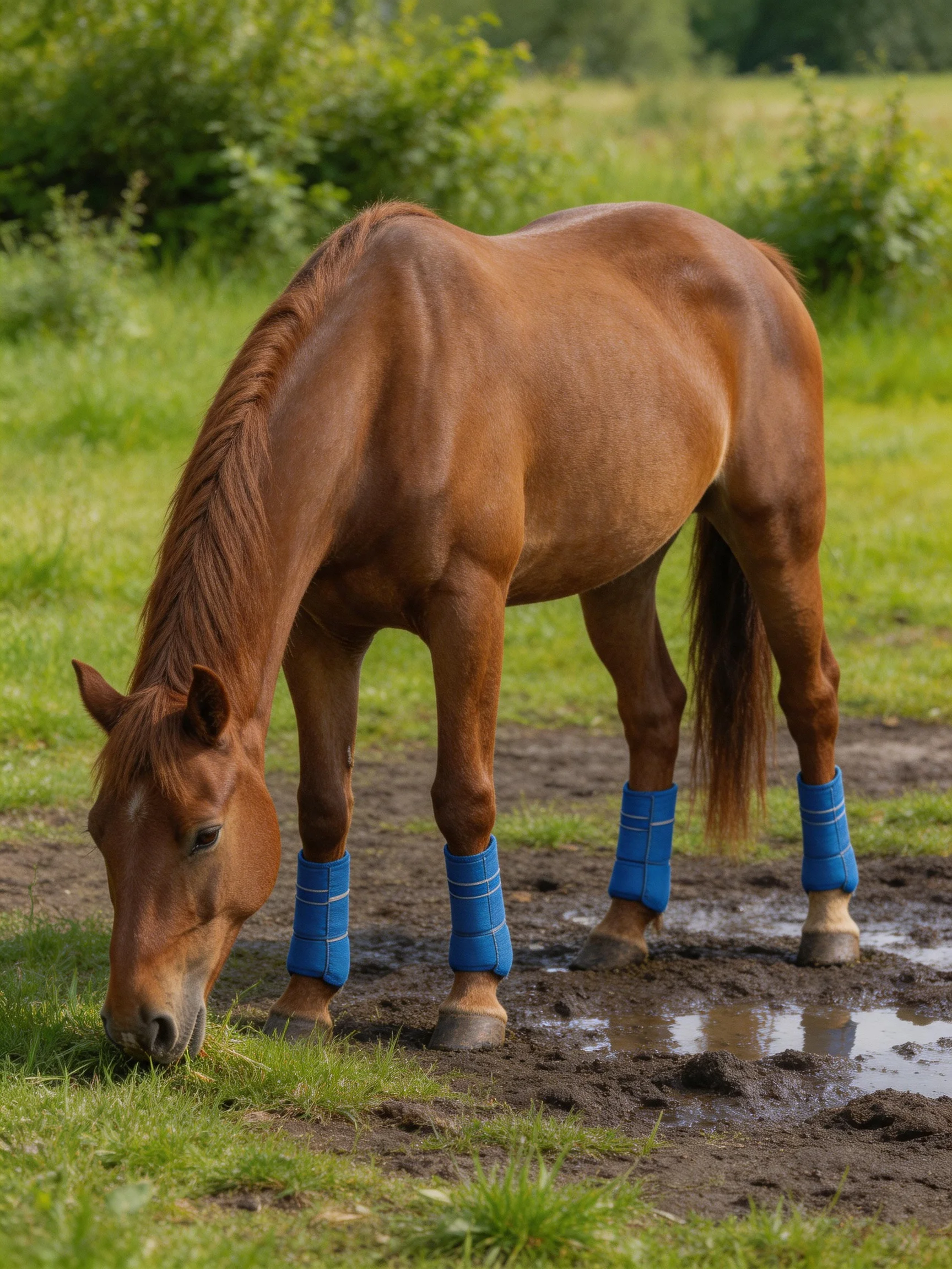 A brown horse with blue leg wraps grazes in a green, muddy pasture