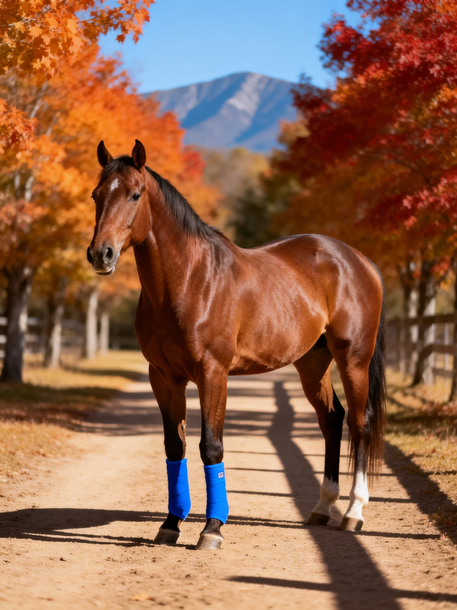A brown horse with blue leg wraps on a dirt path surrounded by autumn trees