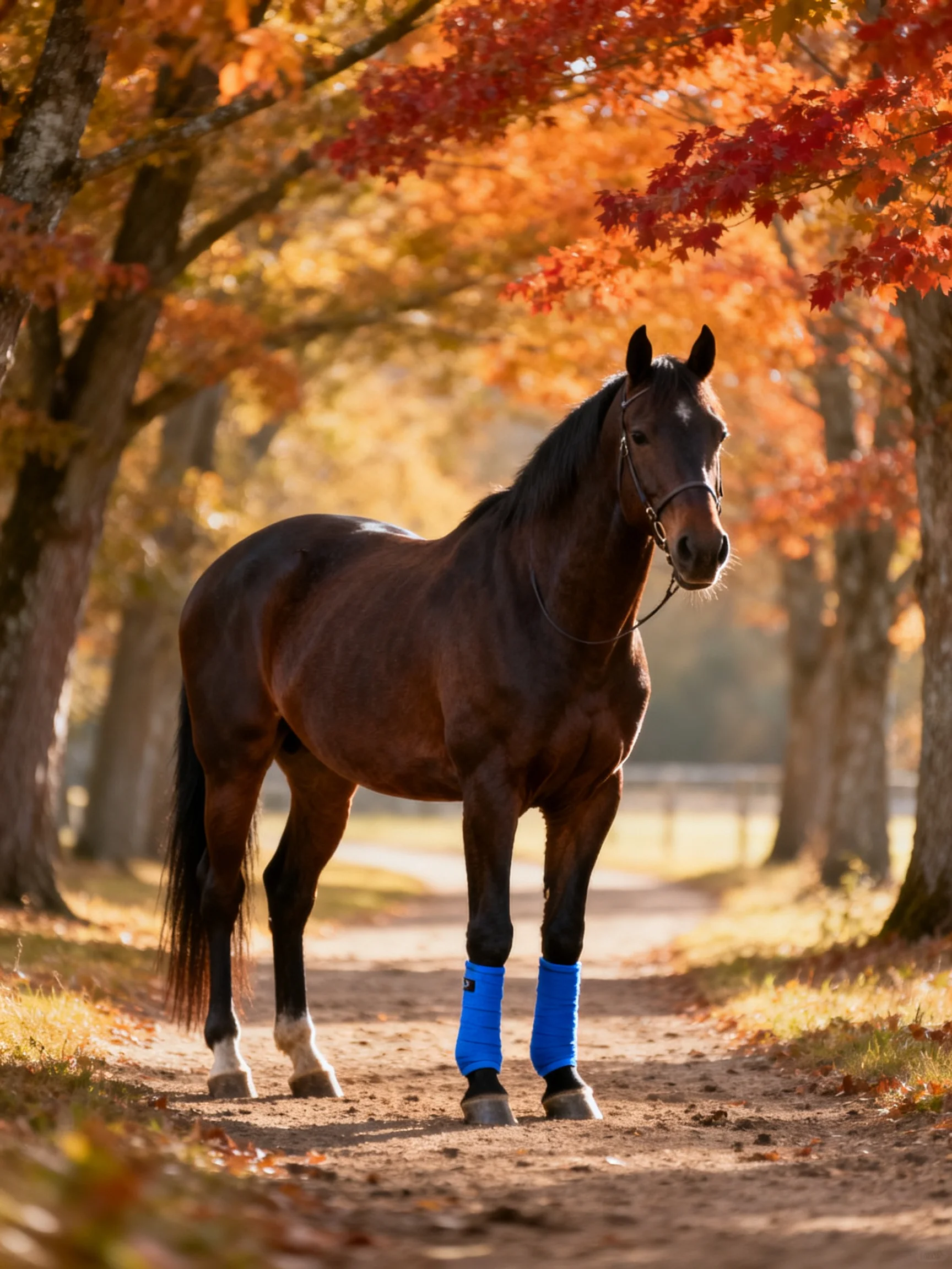 A brown horse with blue wraps stands amid vibrant fall foliage