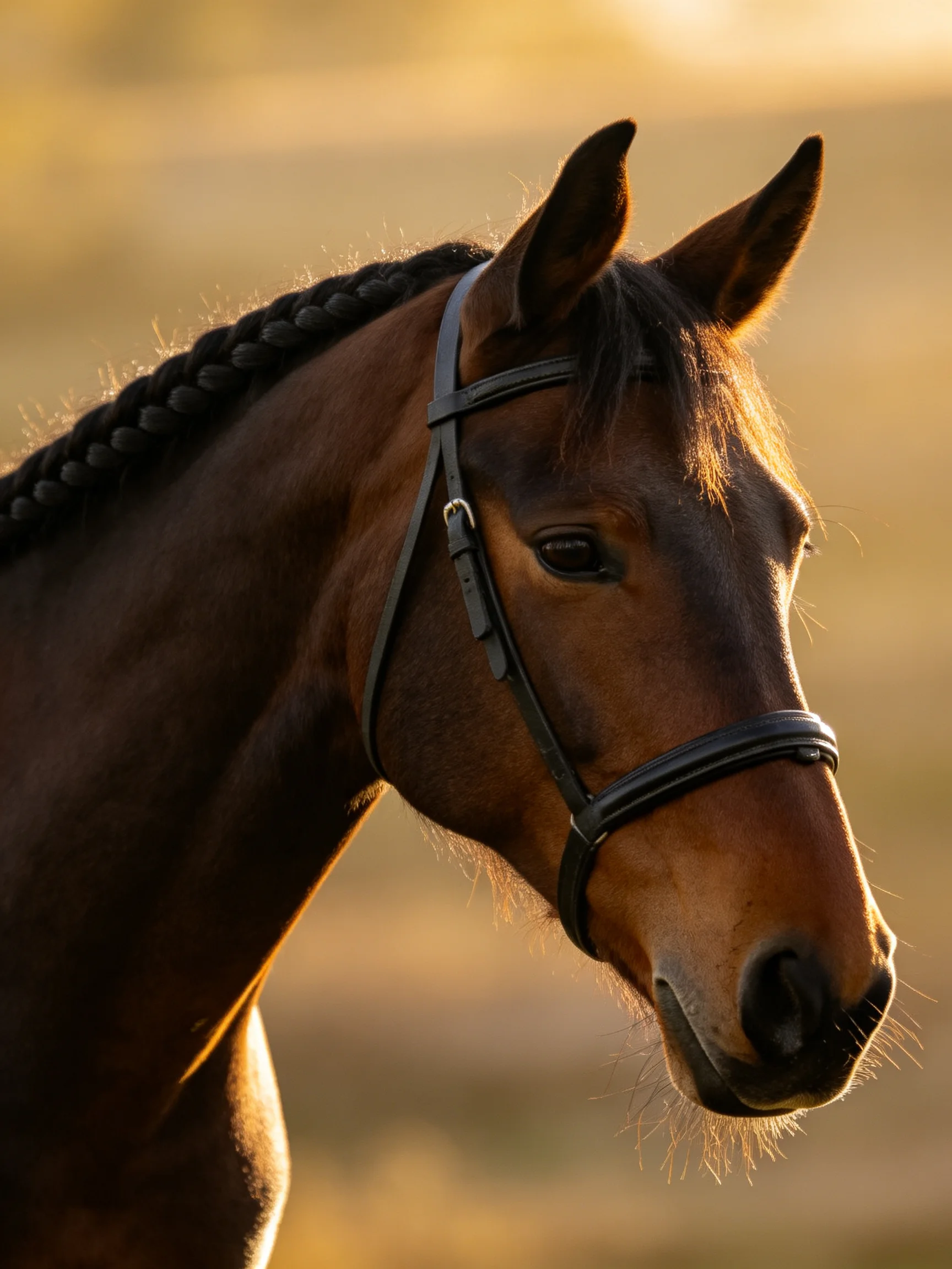 A brown horse with braided mane and black bridle in golden light